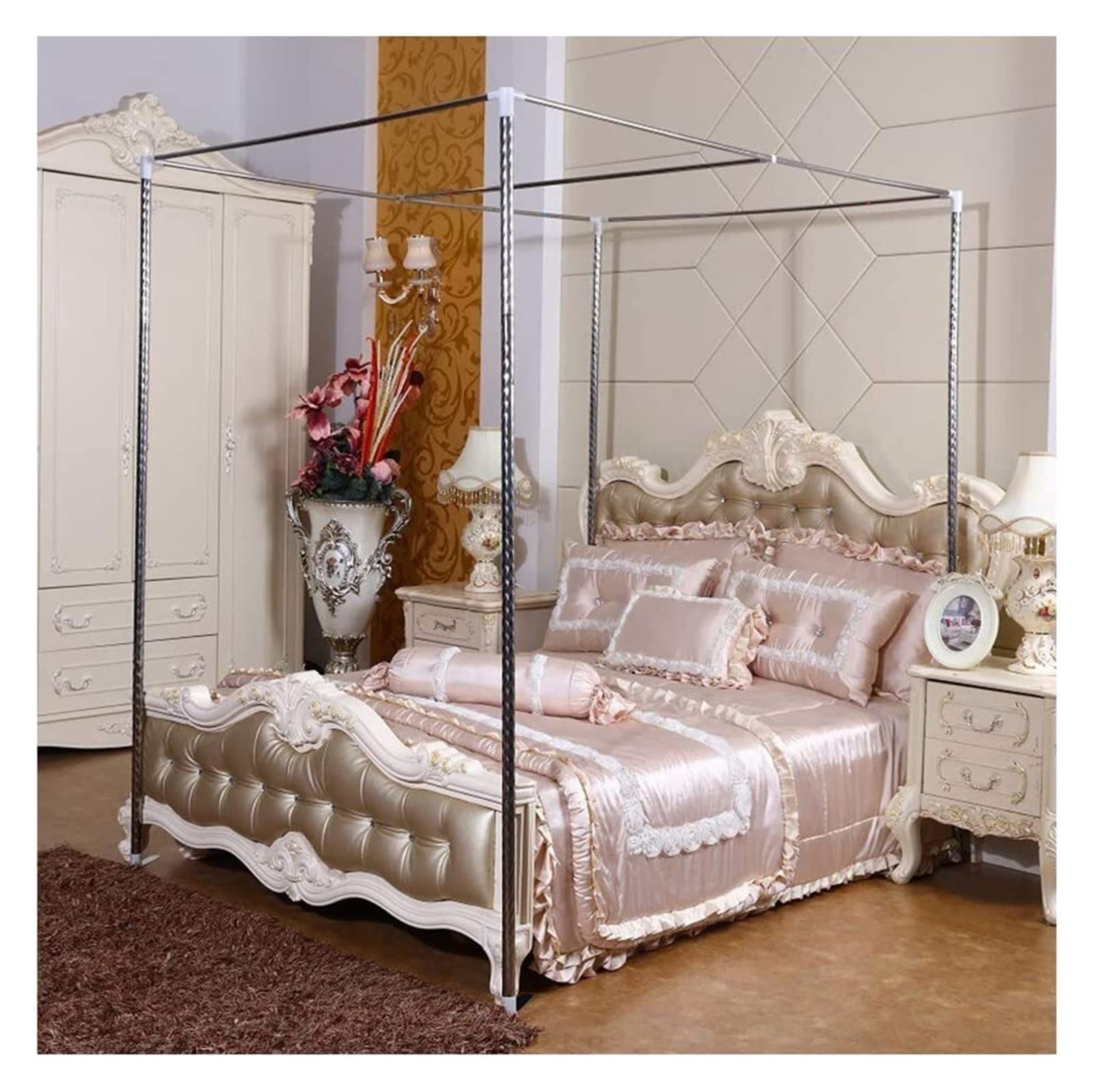 Stainless Steel Bed Canopy Frame - Mosquito Net Bracket for Four Corner Beds, Bed Netting Support (Fits 1.8x2.2m Beds) - Easy Installation with Anti-Shake Headboard Tool (22mm) | Perfect for Bedroom Decor, Mosquito Protection & Romantic Canopy Setup