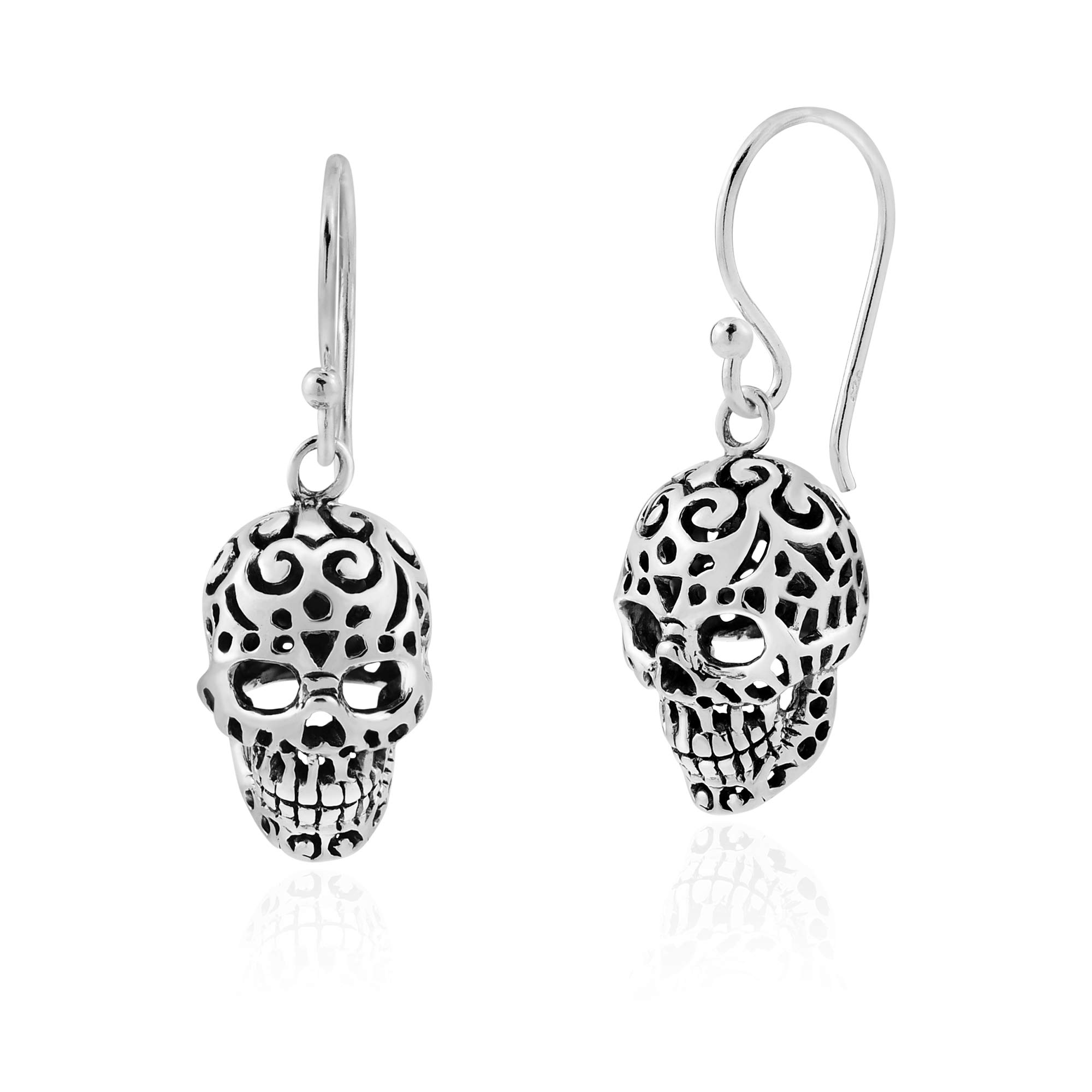 Menacing Tattooed Skull .925 Sterling Silver Dangle Earrings for Men & Women - Gothic Jewelry with Unique Pattern | Perfect for Punk Rock Concerts, Halloween Costumes & Edgy Fashion Statements