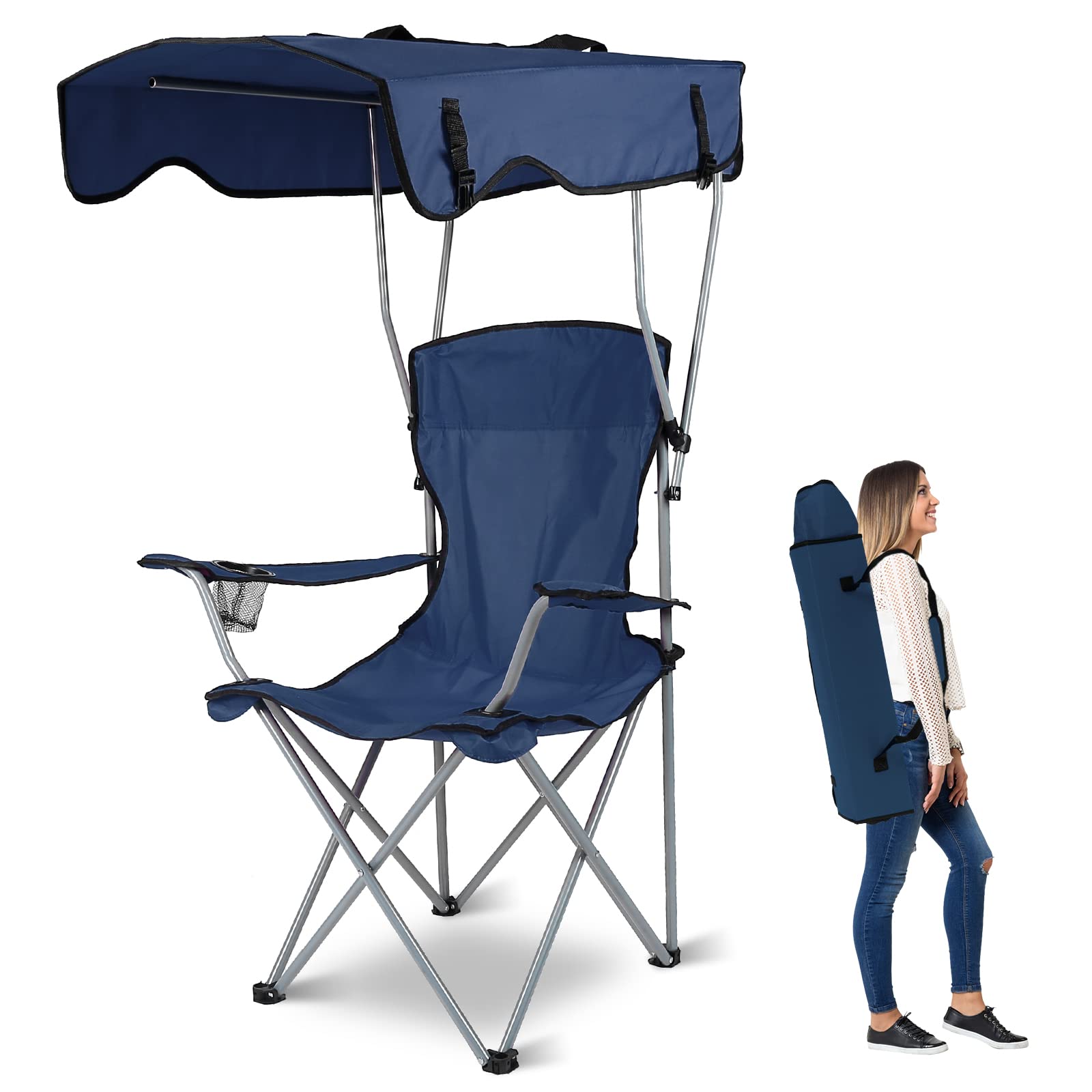 Foldable Beach Canopy Chair with Sun Shade - Heavy Duty Camping Chair with Cup Holder for Outdoor, Beach, Park, and Patio Use - Navy Blue Portable Sun Protection Canopy for Relaxing in Backyard, Picnics, and Summer Camping Trips