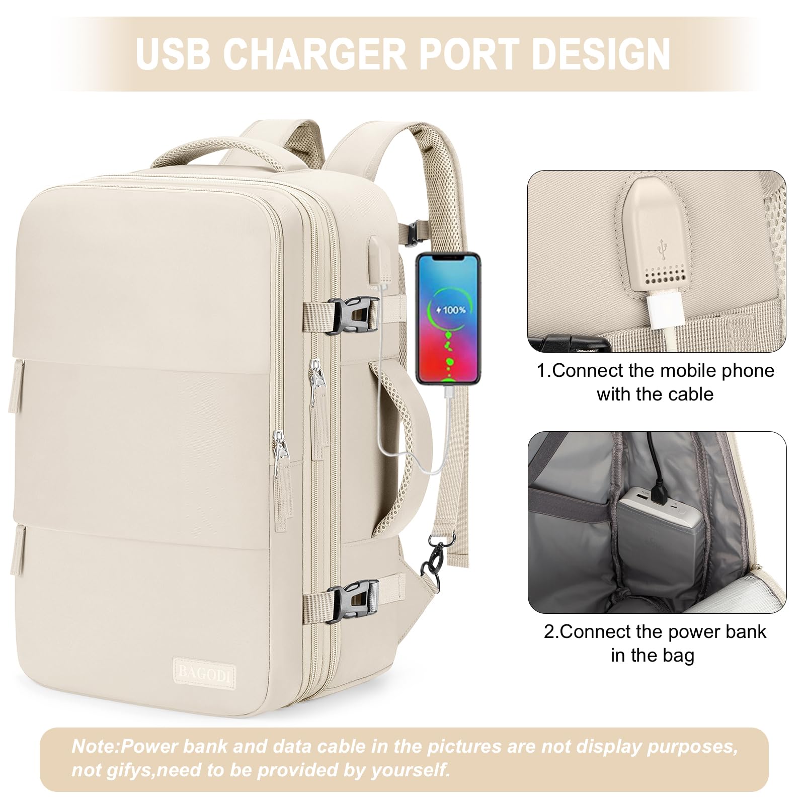 **Extra Large Expandable Carry On Backpack - TSA Approved Water Resistant Lightweight Travel Backpack for Men & Women - Perfect for Airplane, Weekender & Day Trips (Beige with 4 Packing Cubes Included)**