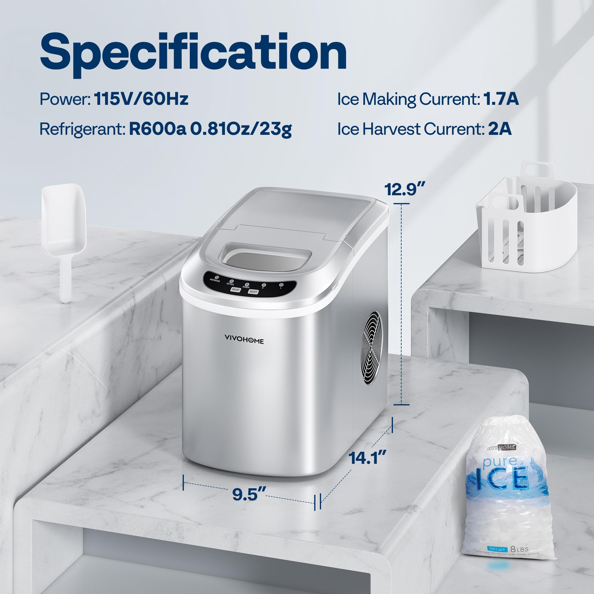 VIVOHOME 26lbs/Day Portable Electric Ice Maker Machine - Compact Countertop Automatic Ice Cube Maker with Self-Cleaning Function & Scoop - Perfect for Home, Office, RV, and Parties (Silver)