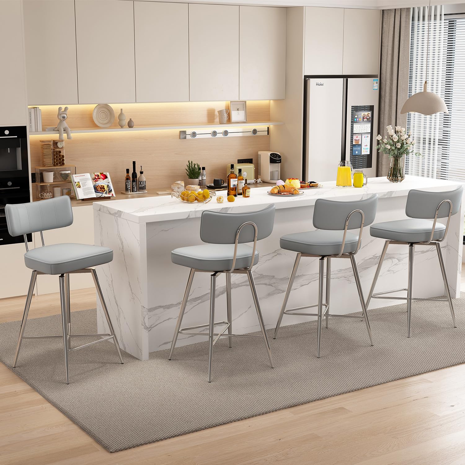 Swivel Counter Height Bar Stools Set of 4 - 26 Inch Gray Leather Kitchen Stools with Back Support, Sturdy Metal Legs & Footrest - Perfect for Kitchen Island, Breakfast Nook & Home Bar Seating