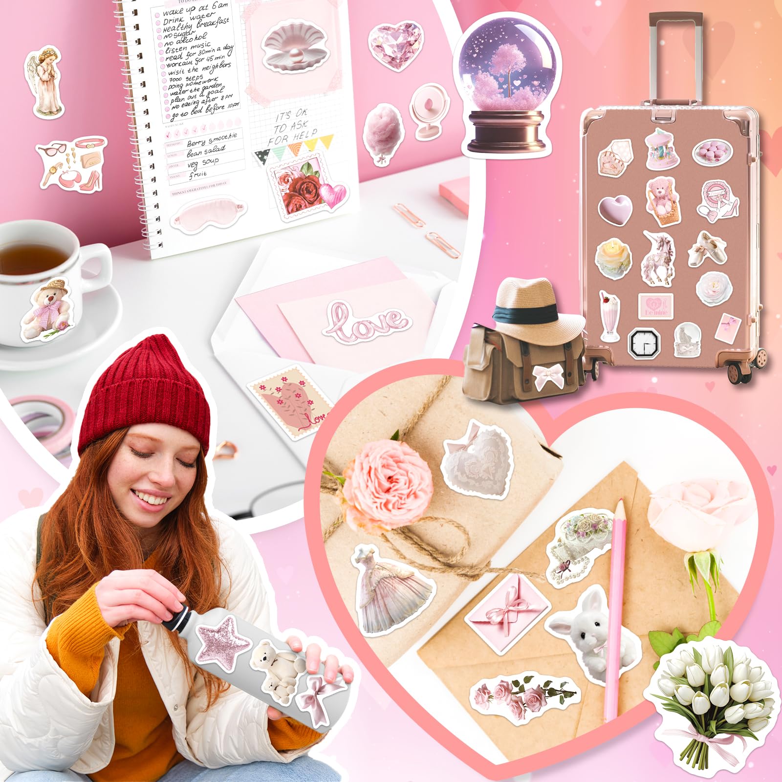 200 PCS Coquette Stickers - Aesthetic Pink Vinyl Decals for Girls & Women | Cute Girly Stickers for Water Bottles, Laptops, Scrapbooks, Journals & DIY Crafts | Perfect for School, Office & Home Decor