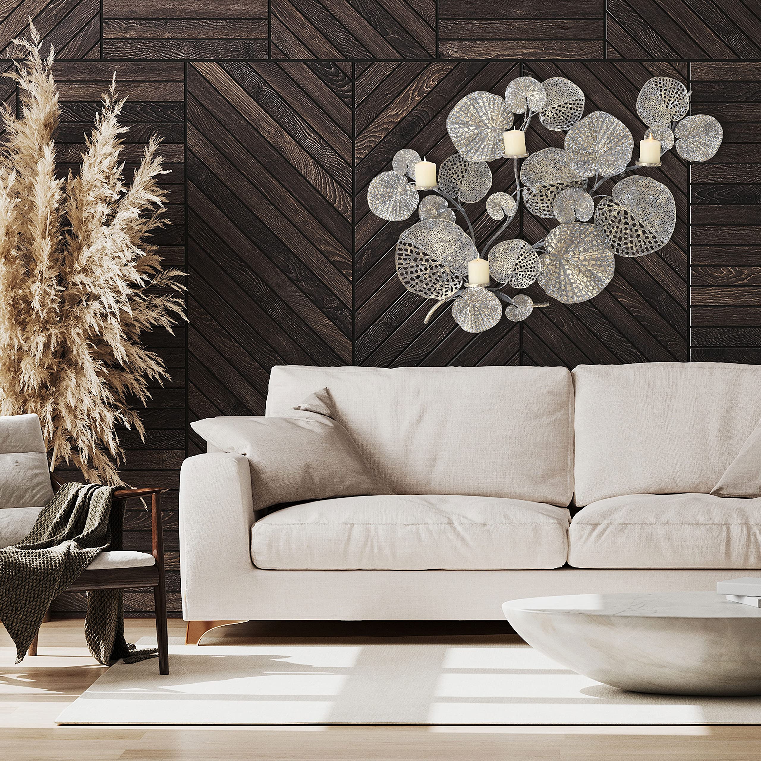 Modernist Botanical Metal Wall Art Sculpture - 4 Candle Abstract Bas Relief with 21 Layered Leaves, Tonal Gold Gilt & Antique Silver Finish, Hand-Welded Patina Decor (41.25x28.25 Inches) - Perfect for Living Room, Bedroom, or Office Decoration
