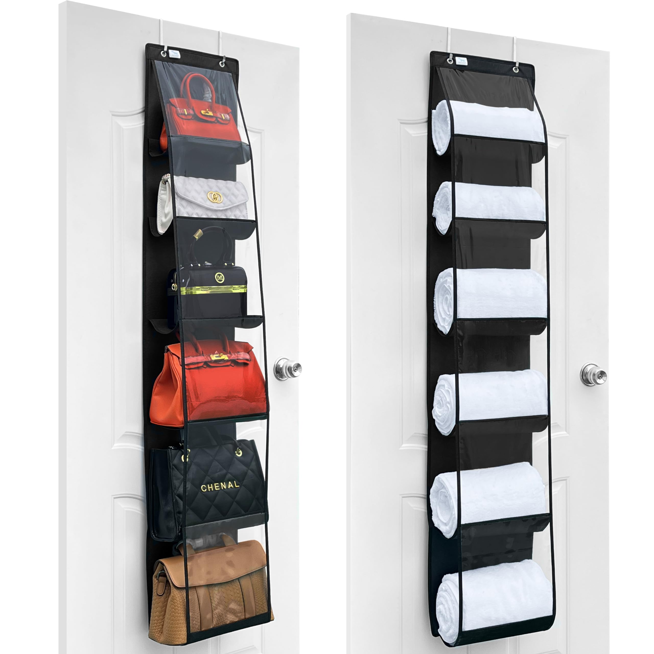 2-Pack Heavy Duty Over The Door Purse Organizer with Strong Hooks (No Door Frame Damage) - Holds Large Bags, Perfect for Closet Door Storage - Black - Ideal for Bedroom, Walk-in Closet & Dorm Organization