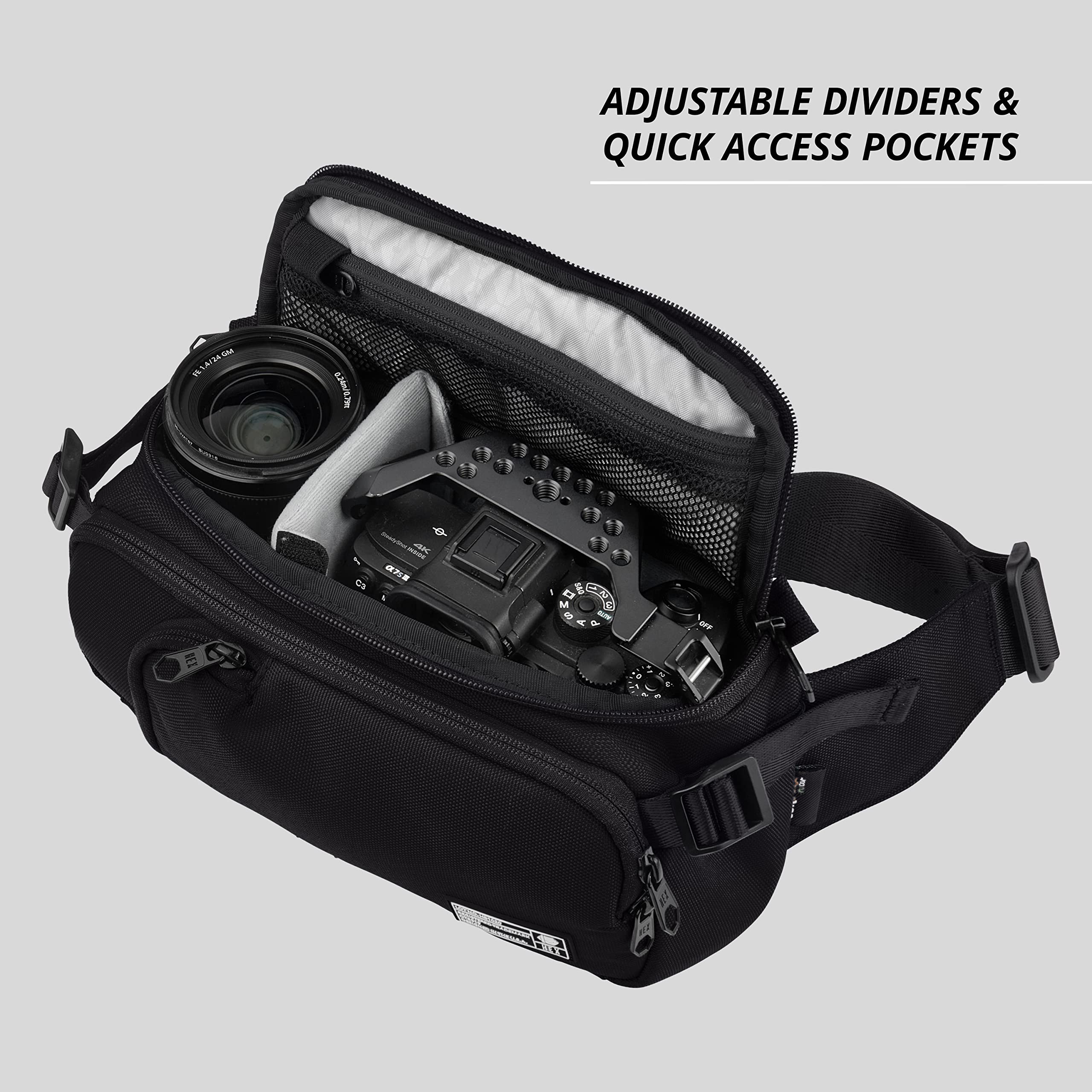 HEX Ranger Camera Mini Sling Bag - Lightweight Water Resistant Mirrorless Camera Crossbody Bag with YKK Zippers, Interior Dividers & Adjustable Straps (Blackout Camo) - Perfect for Travel, Hiking & Outdoor Photography