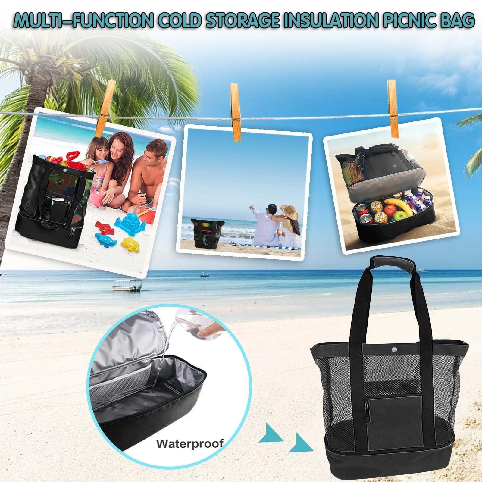 Multifunctional Mesh Beach Bag with Built-in Cooler - Large Outdoor Beach Tote with Small Pouch for Women - Perfect for Pool Parties, Picnics, and Summer Travel