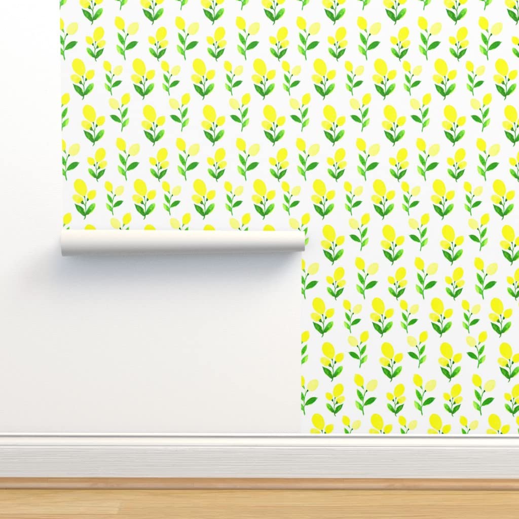 Peel & Stick Wallpaper 12ft x 2ft - Lemon Yellow Citrus Watercolor Fruit Design | Removable Self-Adhesive Wallpaper for Kitchen, Bathroom, Nursery & Home Decor | Nature Inspired Lemon Pattern by Spoonflower