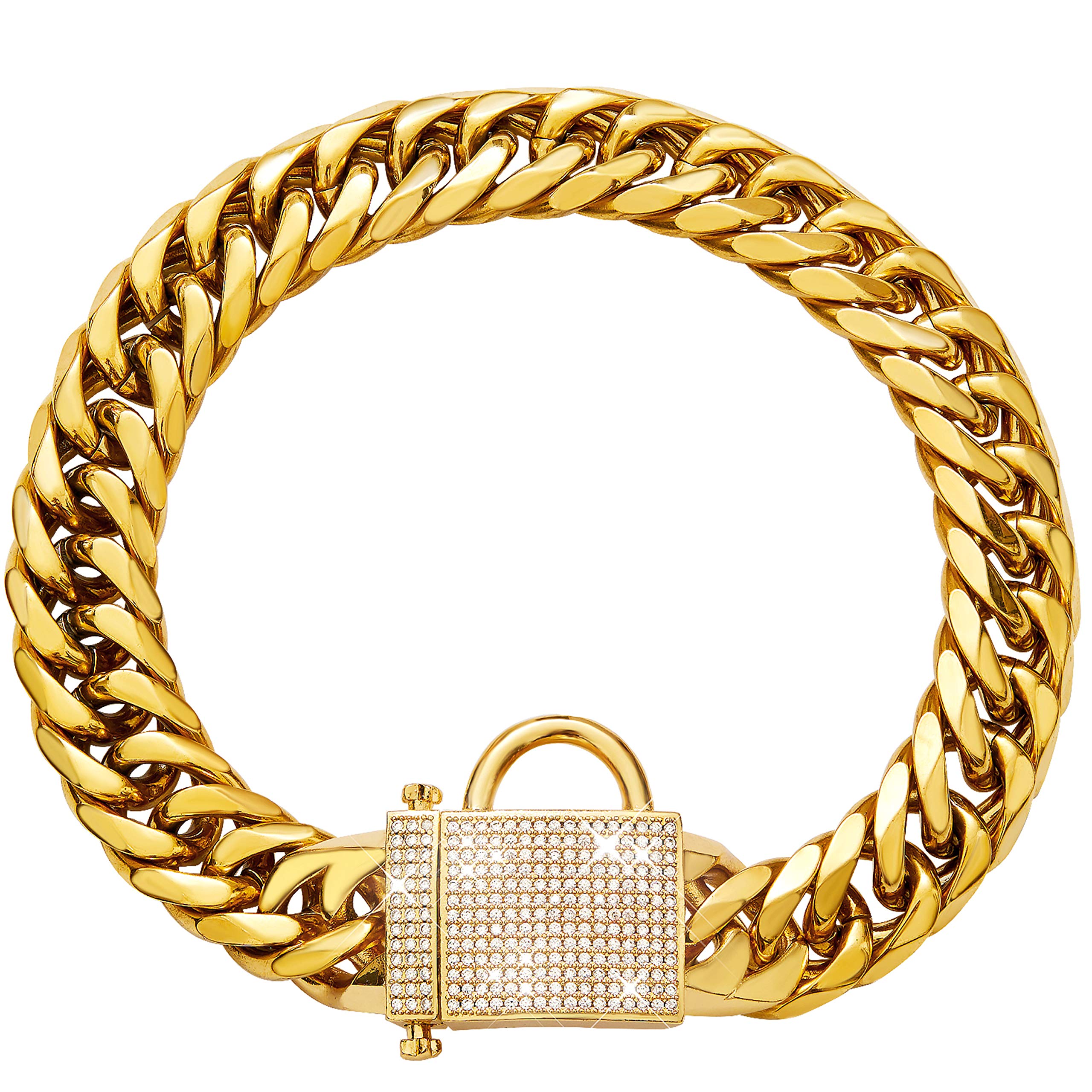 PRADOG Luxury Gold Chain Dog Collar with Zirconia Locking - 16mm Heavy Duty Metal Puppy Collar - Bling Necklace for Small, Medium & Large Dogs - Perfect for Parties, Walks & Fashion Photos