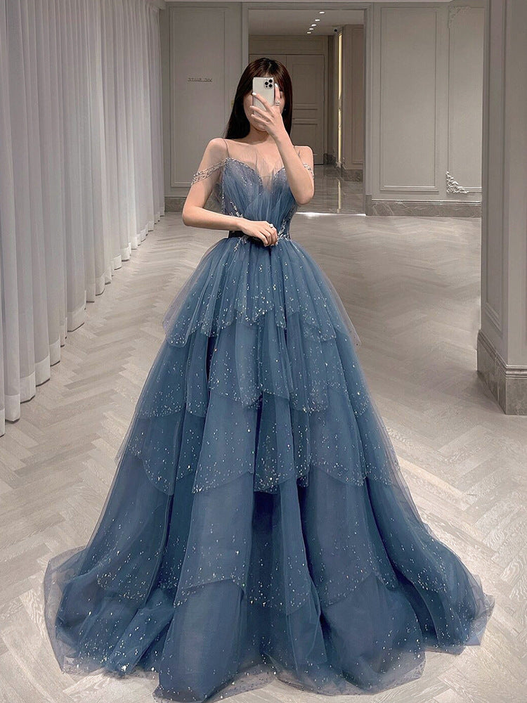 Elegant Blue Tulle Sequins Long Prom Dress - Sparkly Evening Gown for Homecoming, Ball & Formal Events | Perfect for Prom Night, Wedding Guest & Special Occasions