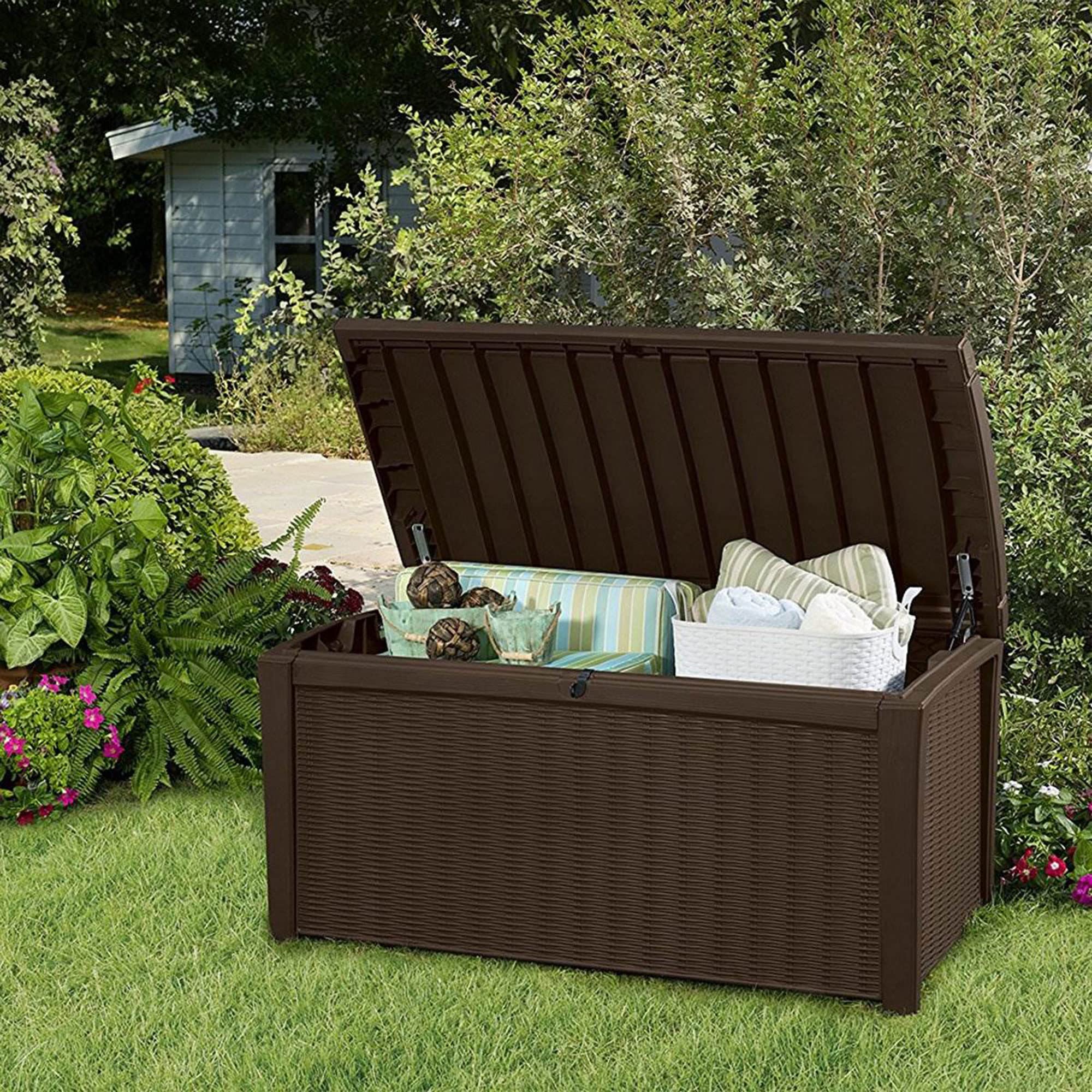 Keter 110 Gallon Outdoor Storage Deck Box - Waterproof Patio Bin for Garden, Pool & Backyard Organization (Borneo Brown) - Perfect for Storing Cushions, Toys & Gardening Tools