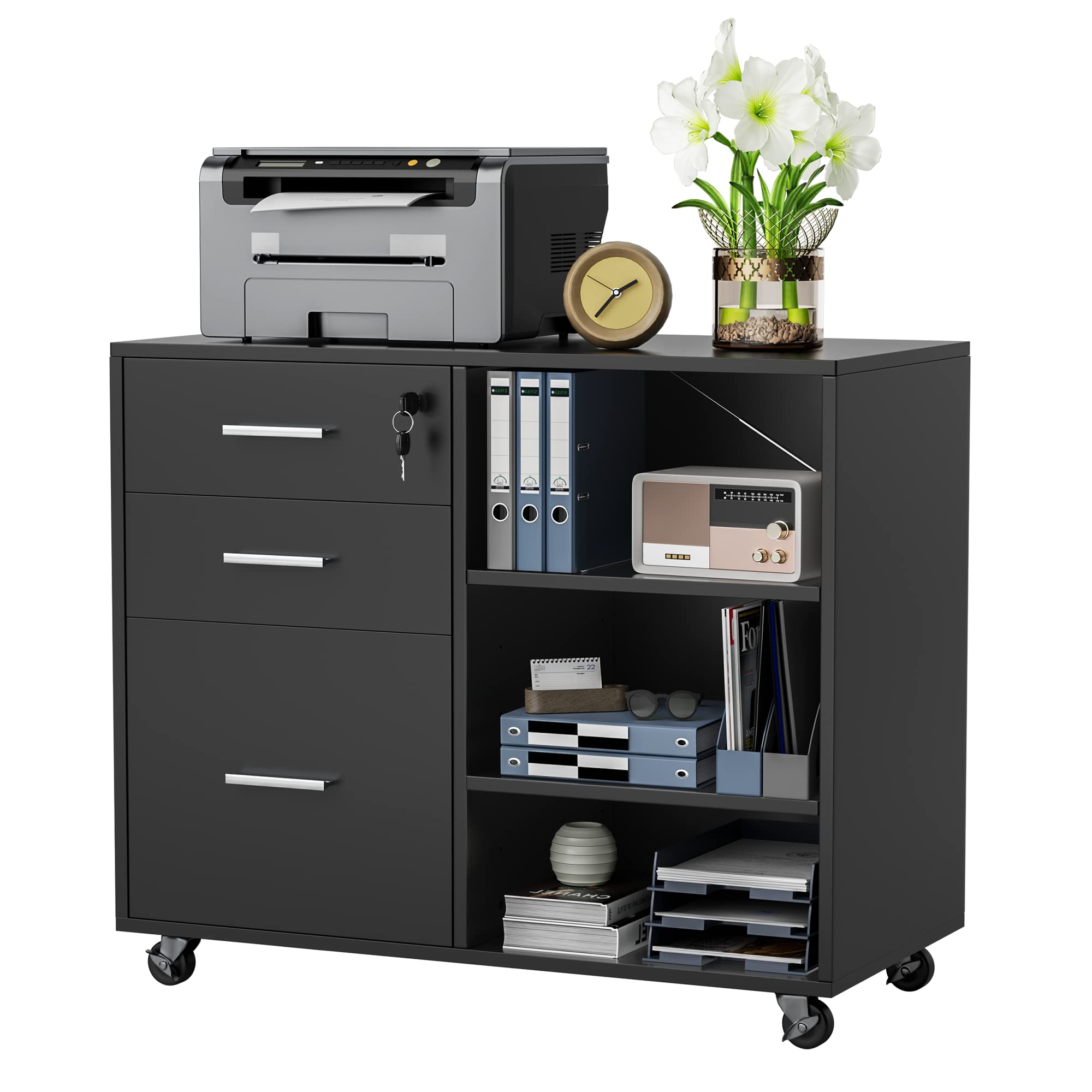 Furniwell 3-Drawer Mobile Wood File Cabinet with Lock - Adjustable Storage Shelves & Printer Stand for Home Office - Black | Perfect for Organizing Documents, Supplies & Printers in Small Spaces