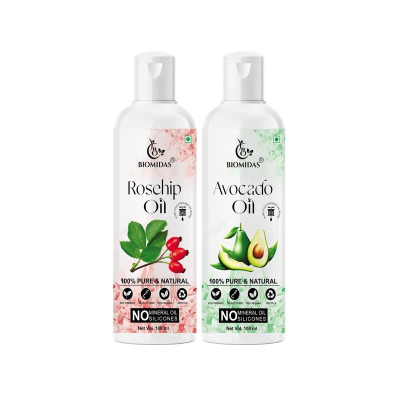 Biomidas 100% Pure Rosehip Oil & Avocado Oil Combo (100ML Each) - Promotes Hair Growth, Reduces Hair Fall, Repairs Split Ends for Soft & Shiny Hair - Perfect for Daily Hair Care & Scalp Treatment (Pack of 2)