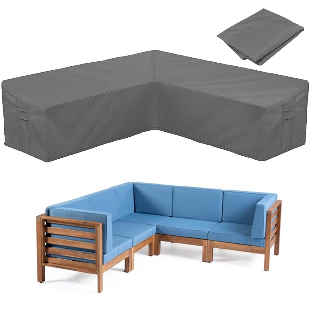 **Heavy Duty Waterproof V-Shaped Patio Sofa Cover - Outdoor Sectional Furniture Protector with Buckle Straps & Side Handles (118x118 Inch, Grey) – Ideal for Garden, Lawn, and Backyard Furniture Protection**