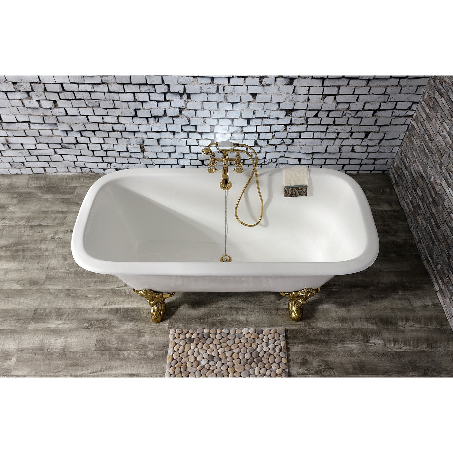 Aqua Eden 67 Inch White Cast Iron Clawfoot Bathtub with Polished Brass Feet - Double Ended Rectangular Tub with 7 Inch Faucet Drillings | Vintage Bathroom Centerpiece for Luxurious Soaking Experience