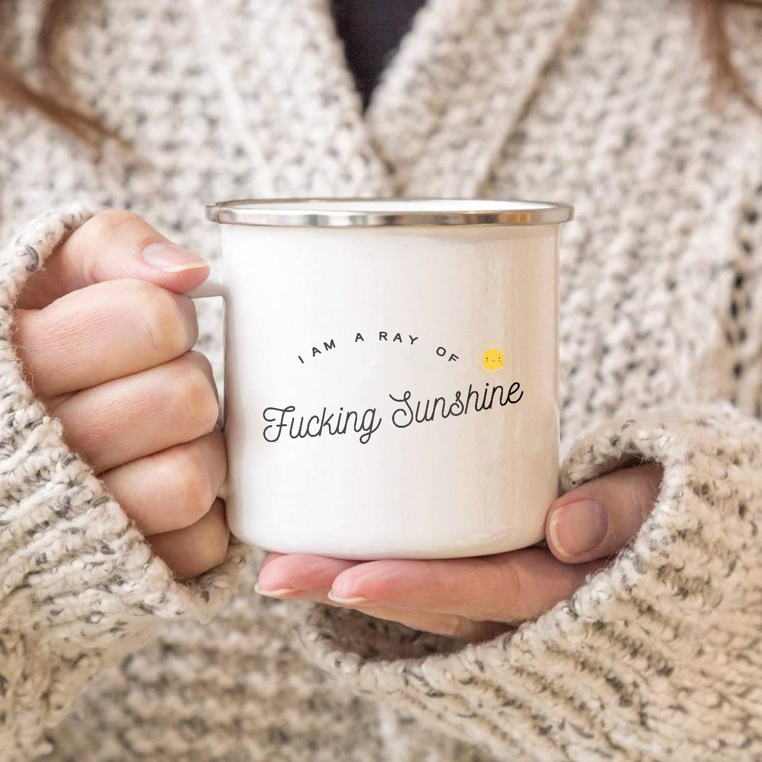 Funny Enamel Campfire Mug - I Am A Ray Of Fucking Sunshine - 12oz White Coffee Cup - Perfect Gift for Best Friend, Sister, Brother, Husband, Wife & Coworkers - Great for Camping, Office Use & Daily Coffee Drinking