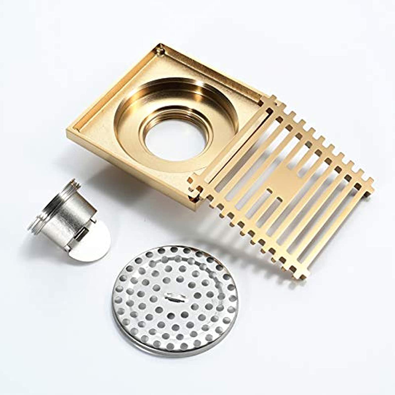 4 Inch Square Brass Shower Drain in Champagne Gold - Bathroom Floor Drain with Removable Cover & Odor Prevention - Perfect for Modern Bathrooms, Walk-in Showers & Wet Rooms