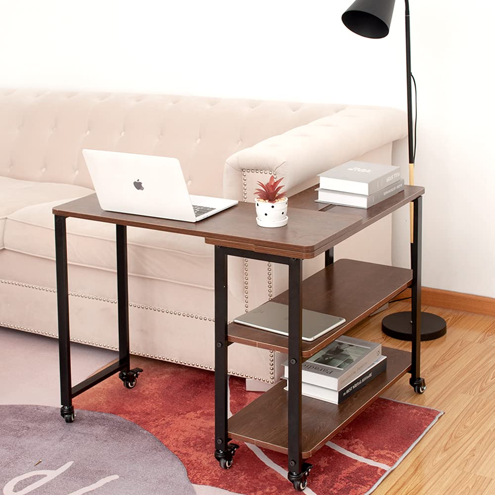 360° Rotating Sofa Side Table with Coral Flower Design - Dark Oak Finish for Living Room, Office, and Snack Table Use
