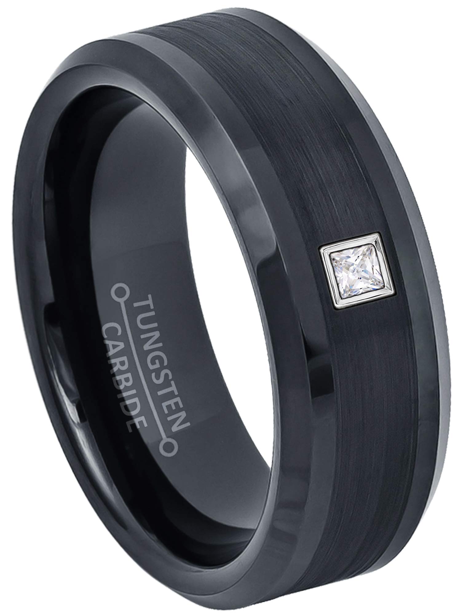0.05ctw Princess Cut Solitaire Diamond Tungsten Ring - 8mm Comfort Fit Beveled Black Tungsten Carbide Wedding Band for Men & Women - April Birthstone Anniversary Ring for Couples, Engagement & Everyday Wear