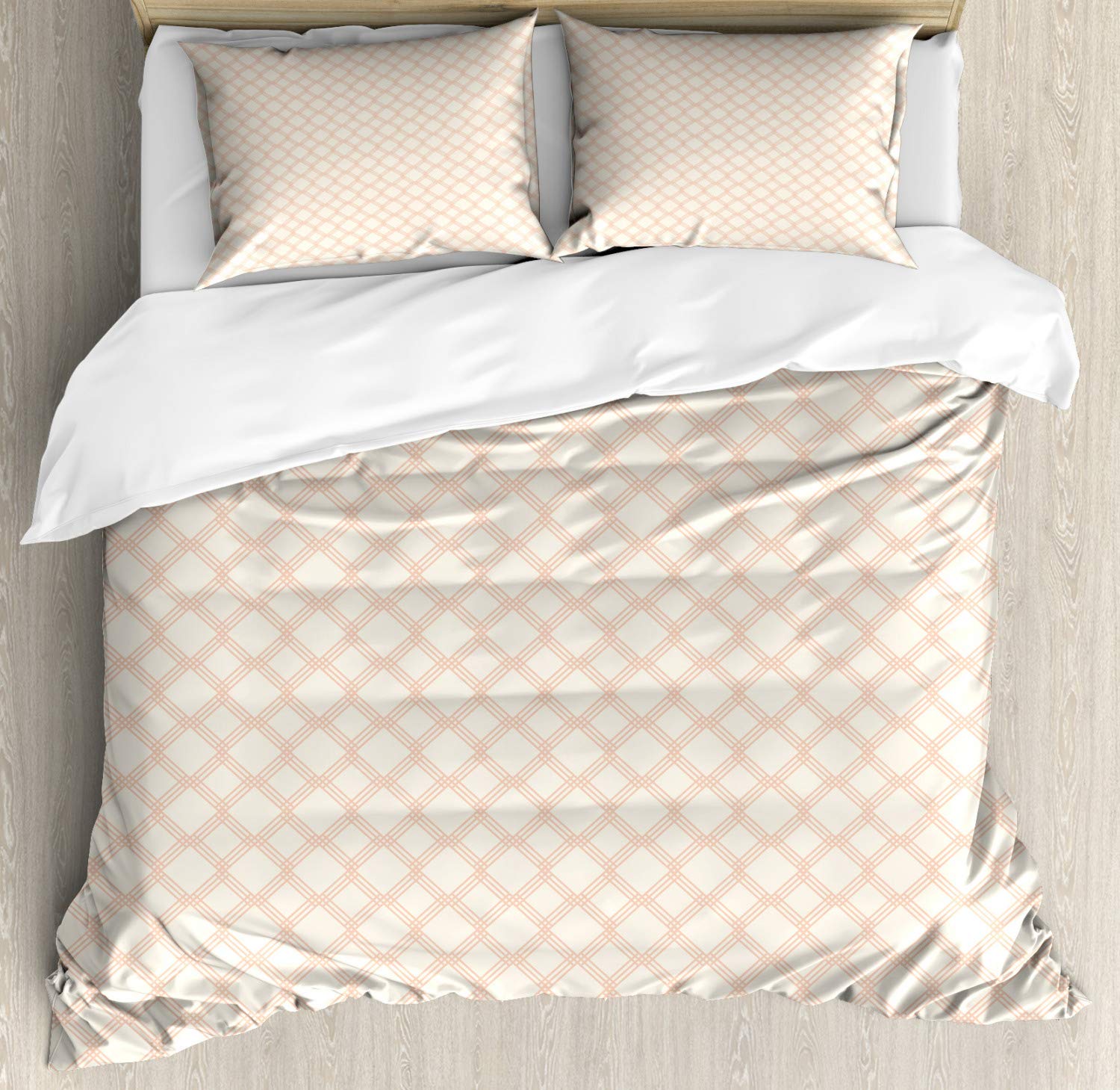 Ambesonne Modern King Size Duvet Cover Set - Geometric Hexagon Stripes Design with White Background | 3-Piece Bedding Set Includes Duvet Cover + 2 Pillow Shams | Peach Cream Color | Perfect for Contemporary Bedroom Decor & Guest Room Styling