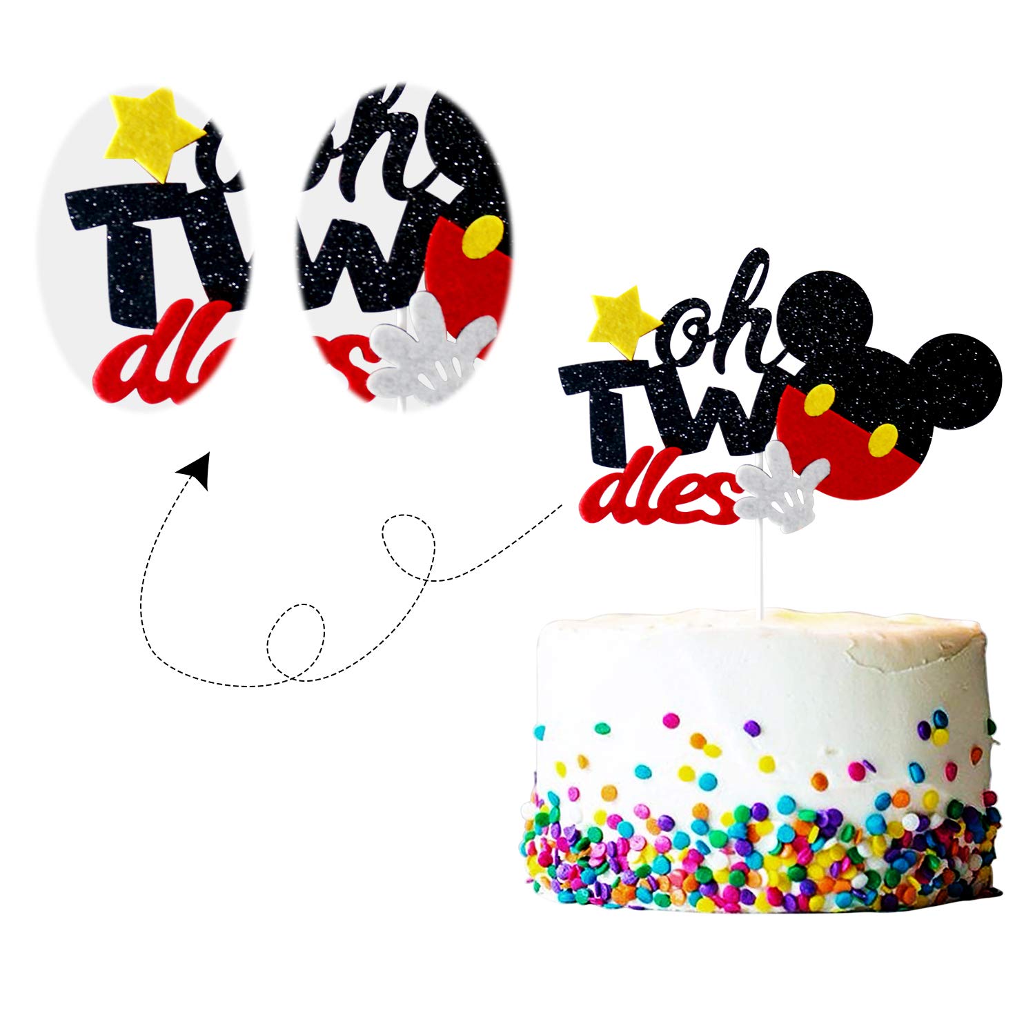 Mickey Mouse Inspired Glitter Twodels for 2nd Birthday Party Decorations - Black & Red Cake Table Decor - Perfect for Disney Themed Celebrations & Kids Birthday Parties
