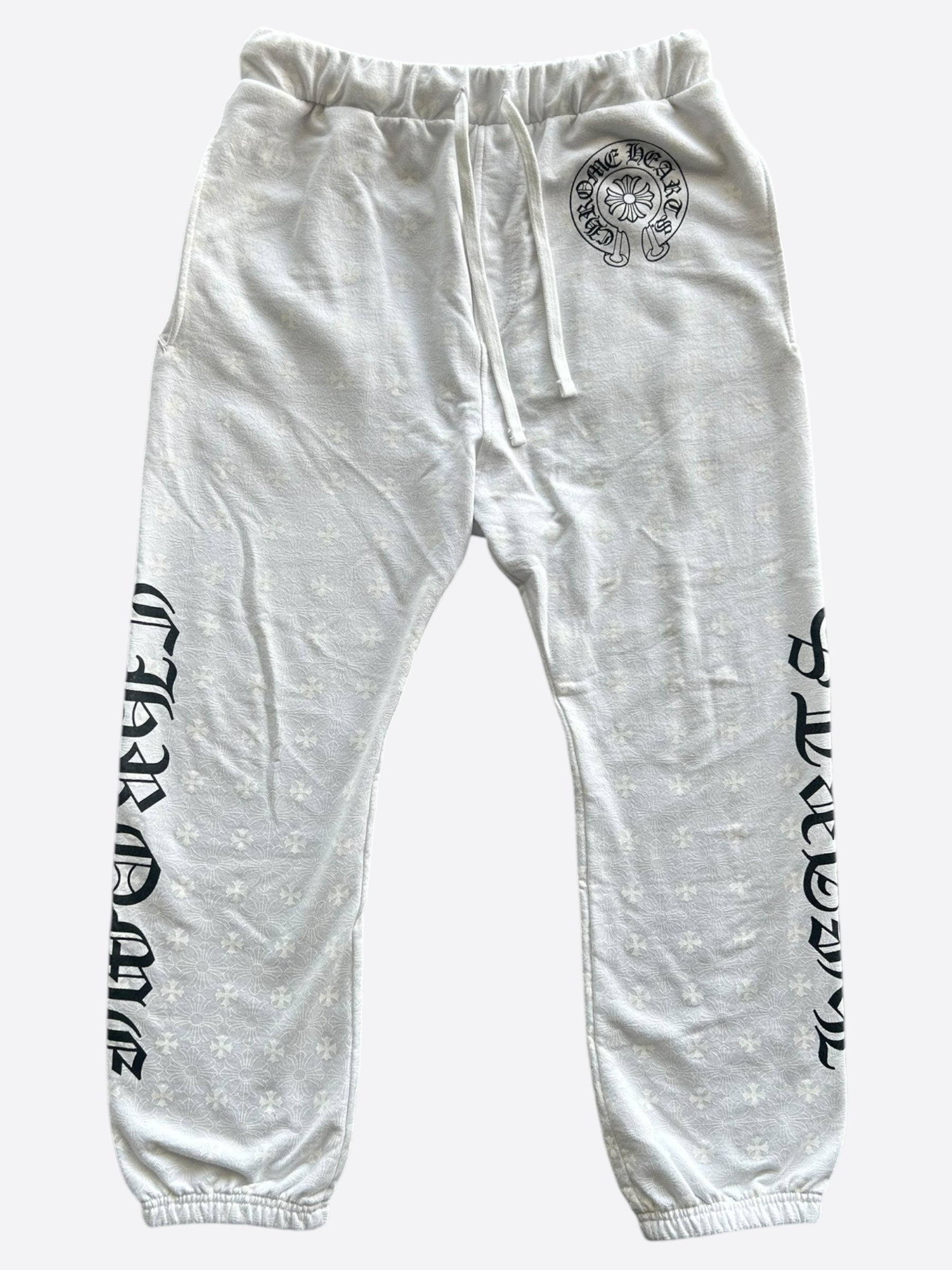 Chrome Hearts White & Black Horseshoe Logo Cross Jacquard Sweatpants for Men - Luxury Streetwear Joggers with Gothic Design - Perfect for Casual Wear, Gym & Hip-Hop Fashion