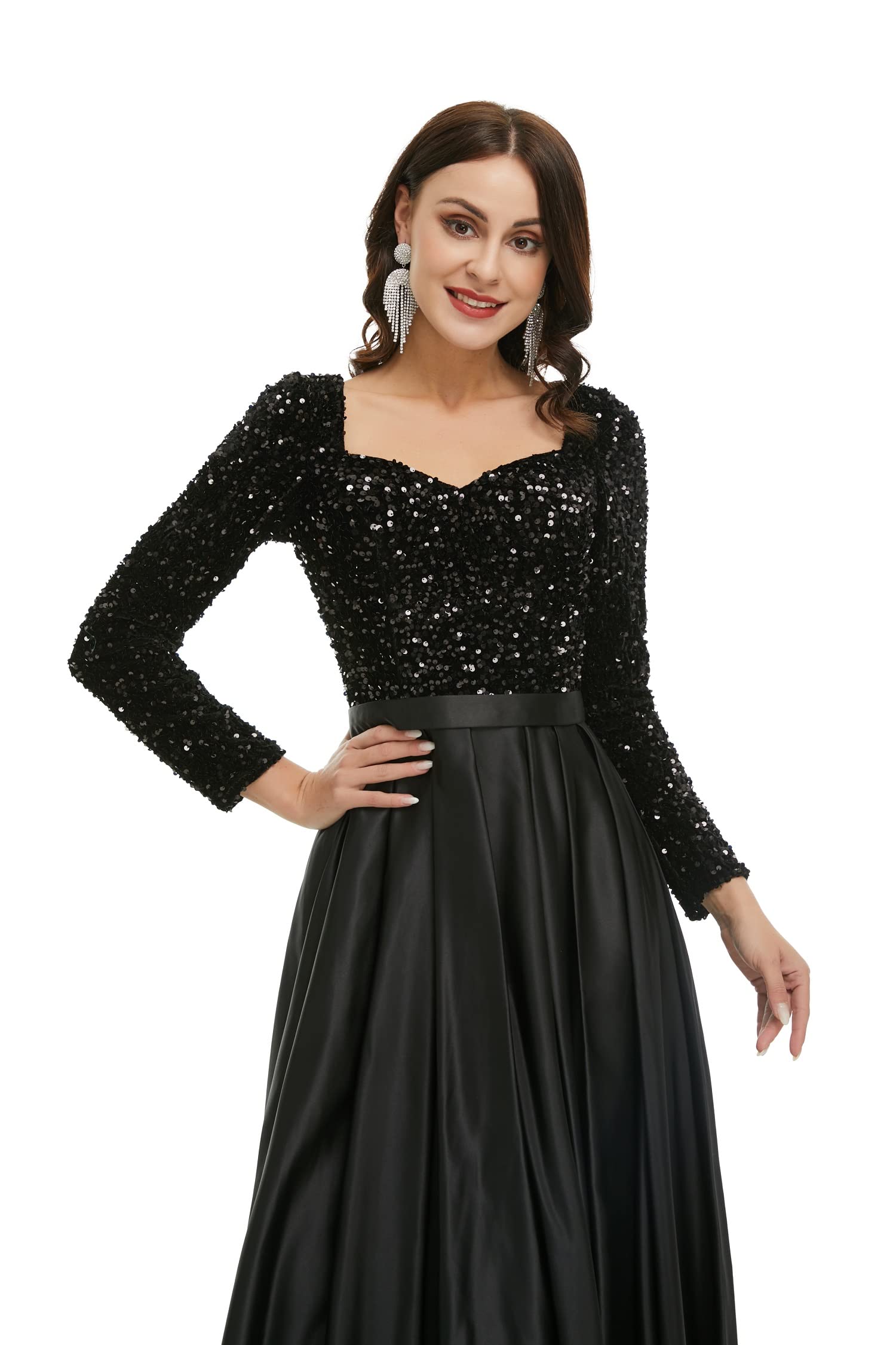 Elegant Long Sleeve A-Line Evening Dress with Sequins - Bride & Bridesmaid Gown for Weddings, Prom, and Formal Events