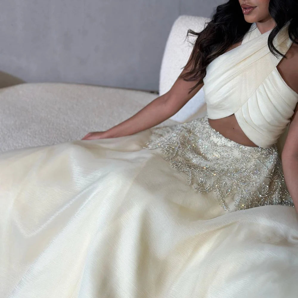Luxury Beaded Halter Evening Gowns for Women - Serene Hill Dubai Arabic Beige A-Line Dress for Wedding Party & Special Occasions | Elegant Formal Gown LA72278 | Perfect for Red Carpet Events, Galas & Cocktail Parties