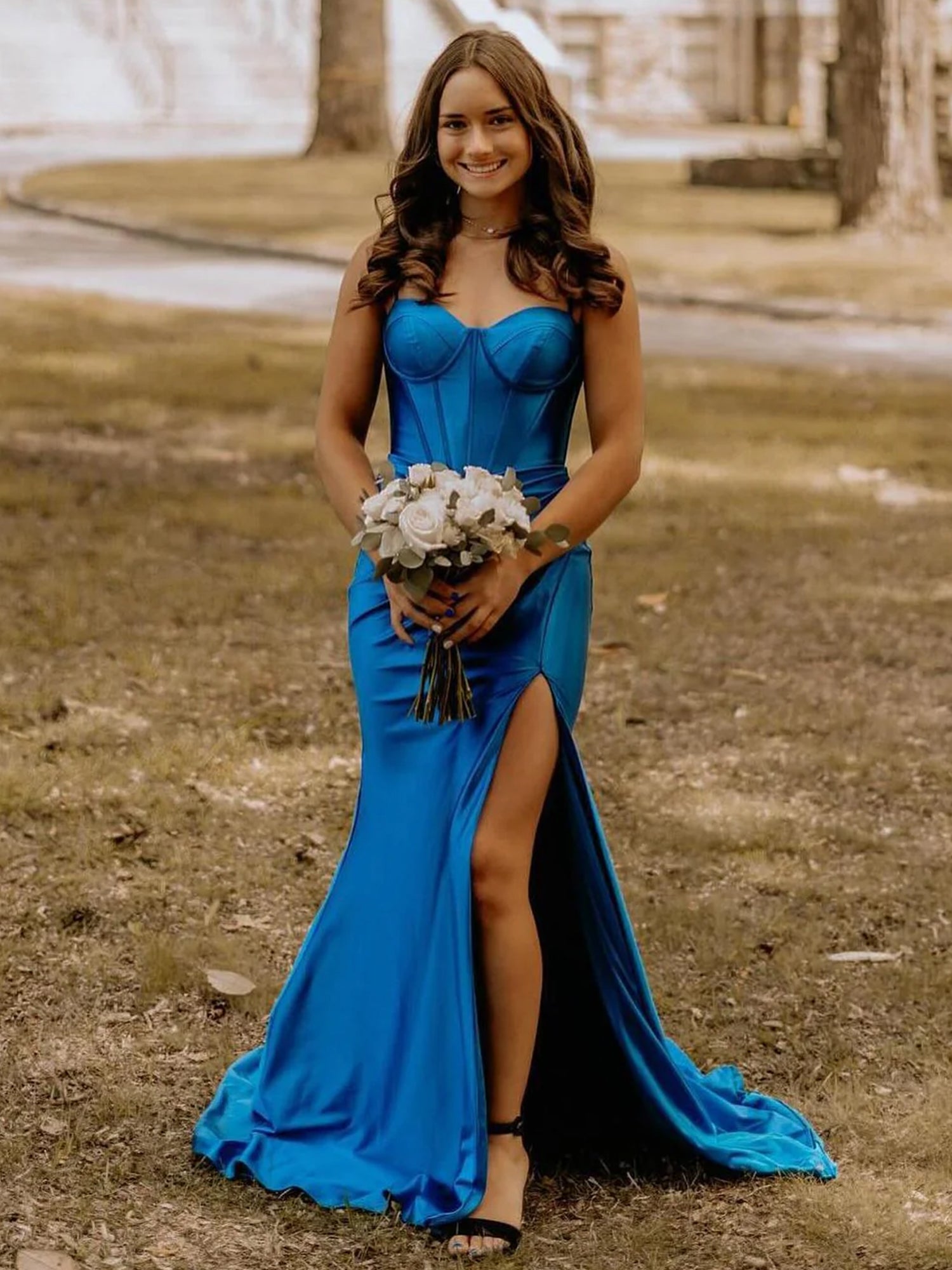 Elegant Satin Blue Corset Formal Wedding Guest Dress - Long Mermaid Gown with High Slit for Evening Parties, Prom & Special Occasions