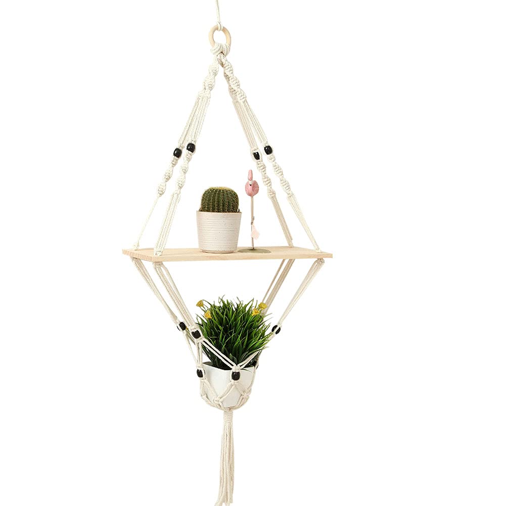 WAYUTO Rustic Wood Floating Shelves - Handmade Woven Wall Hanging Shelf with Rope Hanger, Boho Wall Decor for Plants & Storage | Perfect for Kitchen, Bedroom, Living Room & Bathroom Decor