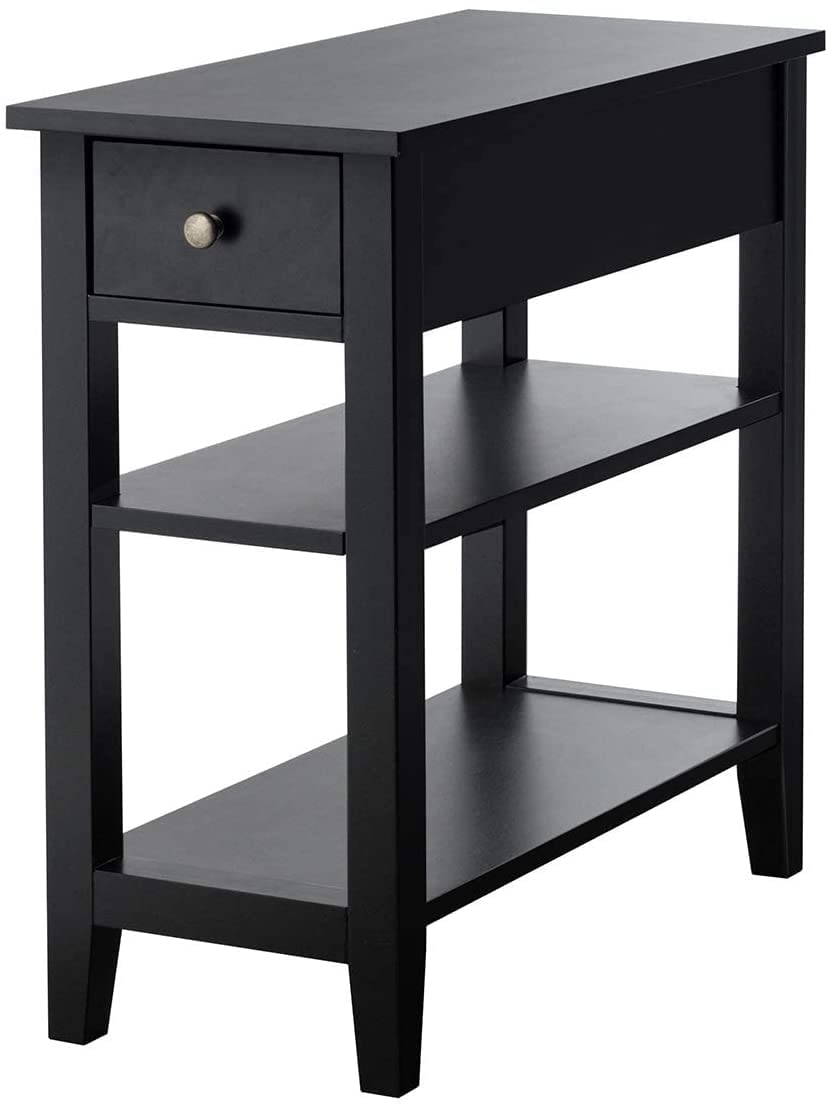 Slim Narrow Bedside Table with Drawer & Open Shelves - 2-Tier/3-Tier Nightstand, End Table for Bedroom, Living Room - Compact Space-Saving Design (60 x 28 x 61cm) - White & Black Options - Perfect for Small Apartments, Dorms, Studio Spaces