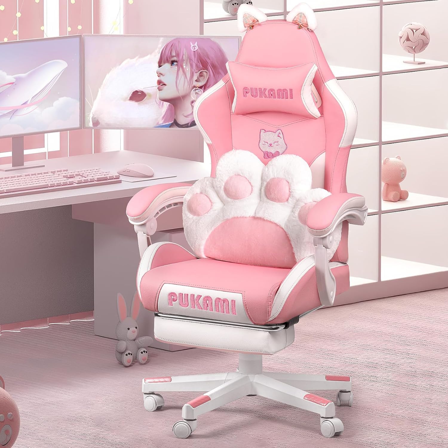 **PUKAMI Pink Gaming Chair with Cat Ears & Footrest - Ergonomic Reclining Computer Chair for Girls, Kawaii Cat Paw Cushion Included - Perfect for Gaming, Streaming, and Home Office**