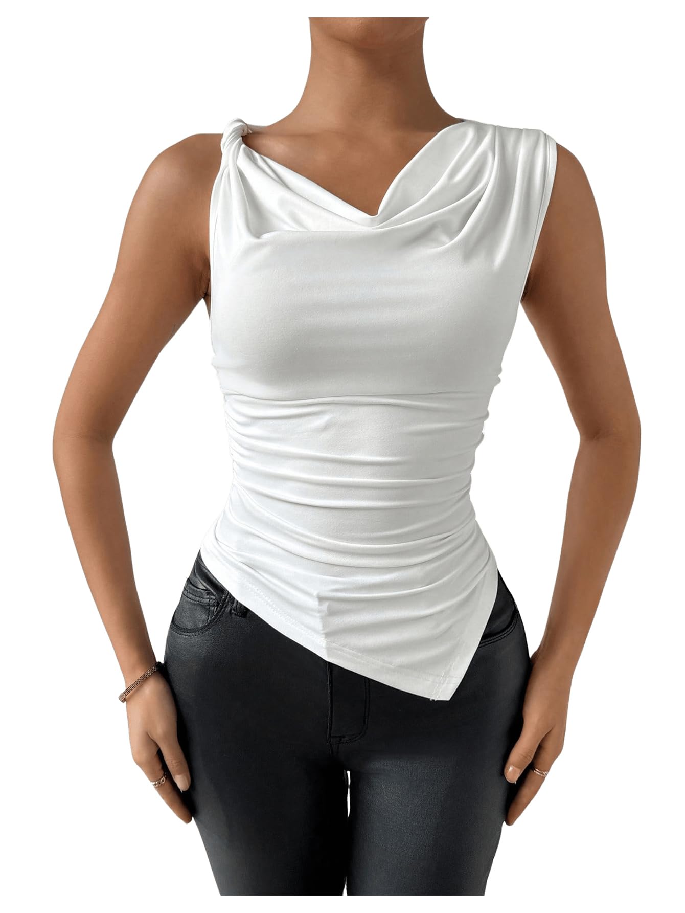 Milumia Women's One Shoulder Draped Neck Ruched Asymmetrical Fitted Tank Top - Sexy Summer Blouse for Night Out, Party, Date Night & Casual Wear