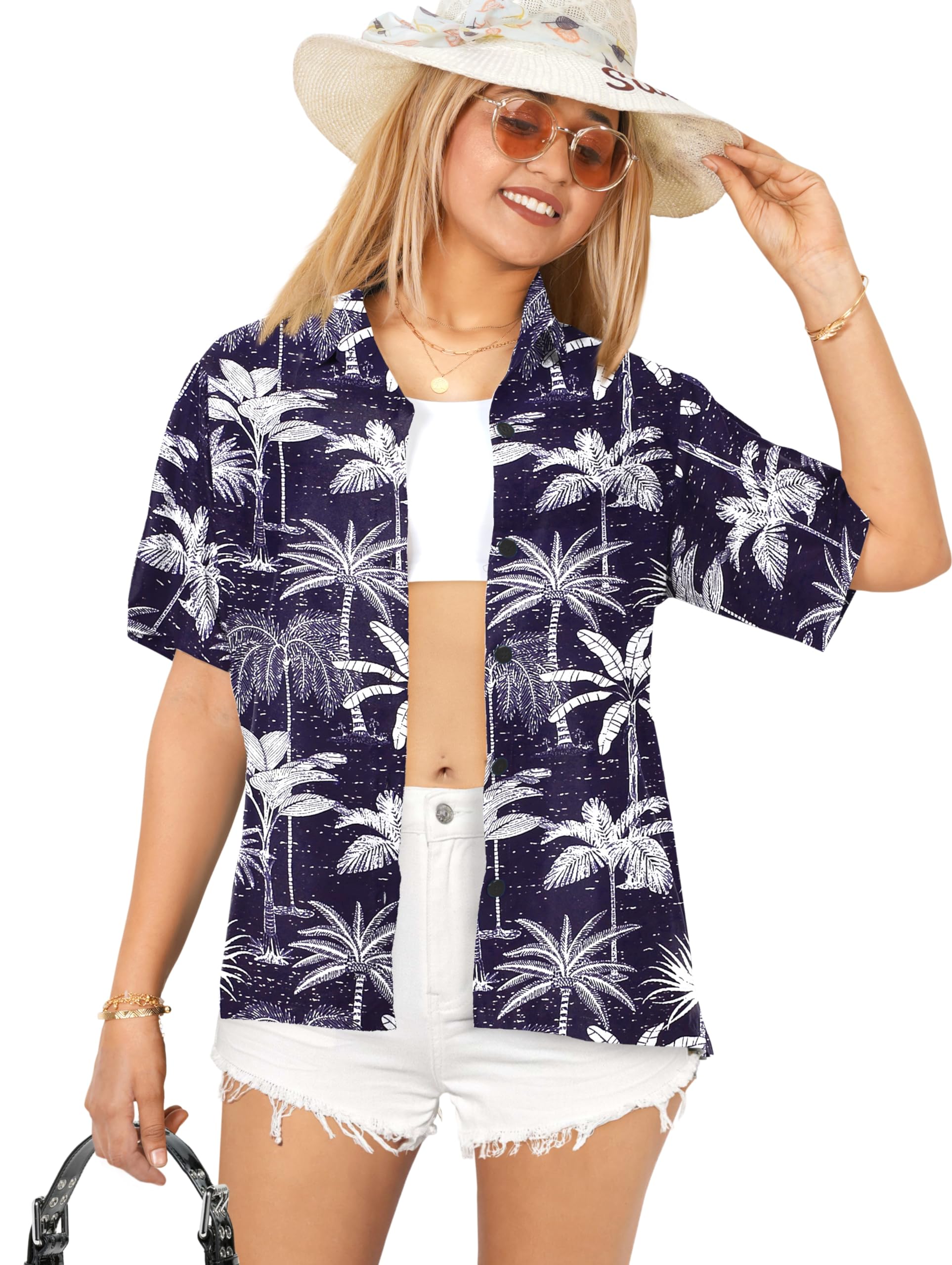 Happy Bay Women's Short Sleeve Hawaiian Beach Shirt - Floral Print Vacation Top for Summer, Beach Party, Luau, and Tropical Getaways