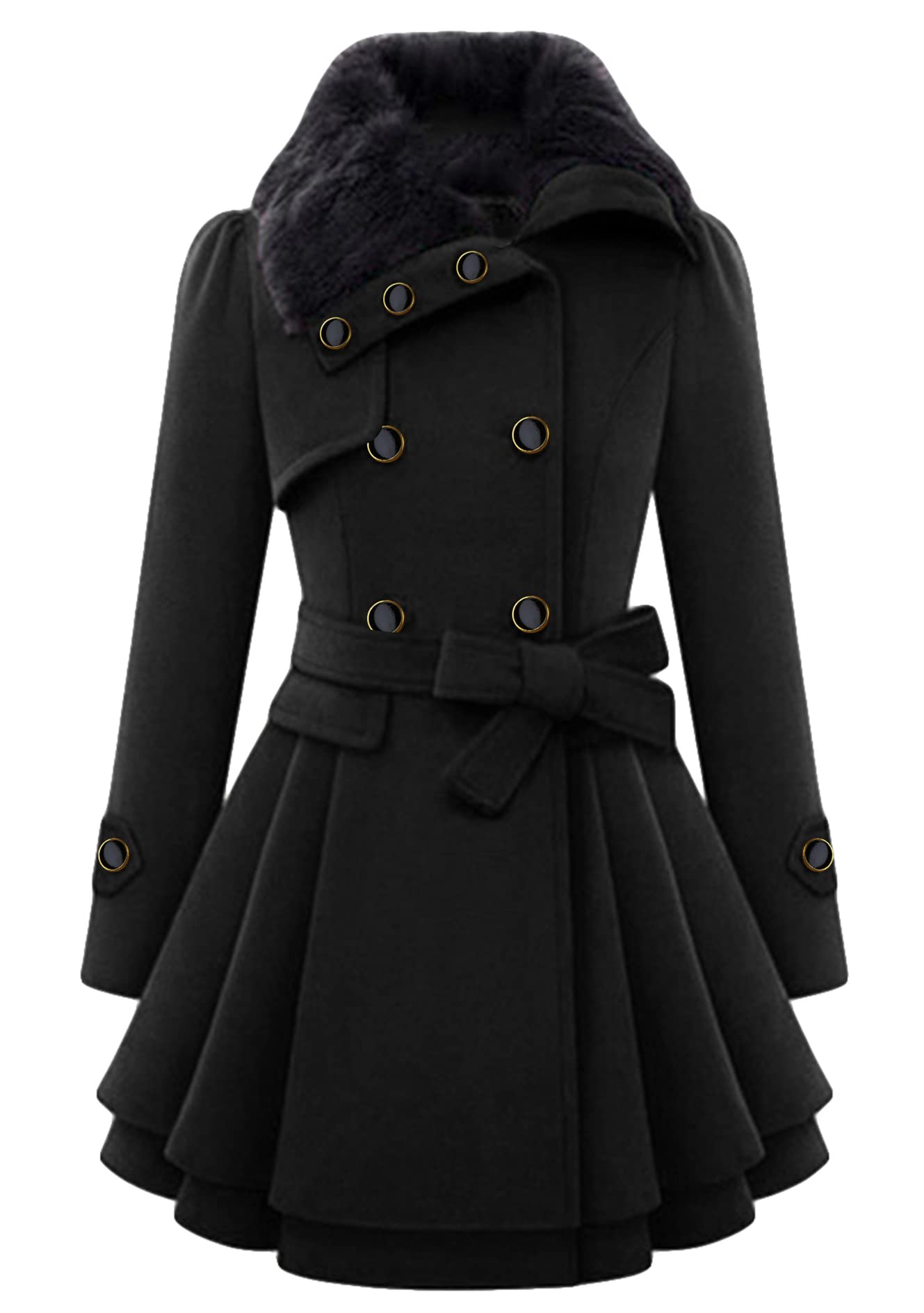 GORIFE Women's Faux Fur Collar Double Breasted Wool Blend Trench Coat - Mid-Length Swing Coat with Belt for Fall & Winter Fashion | Office, Dating & Holiday Outfits