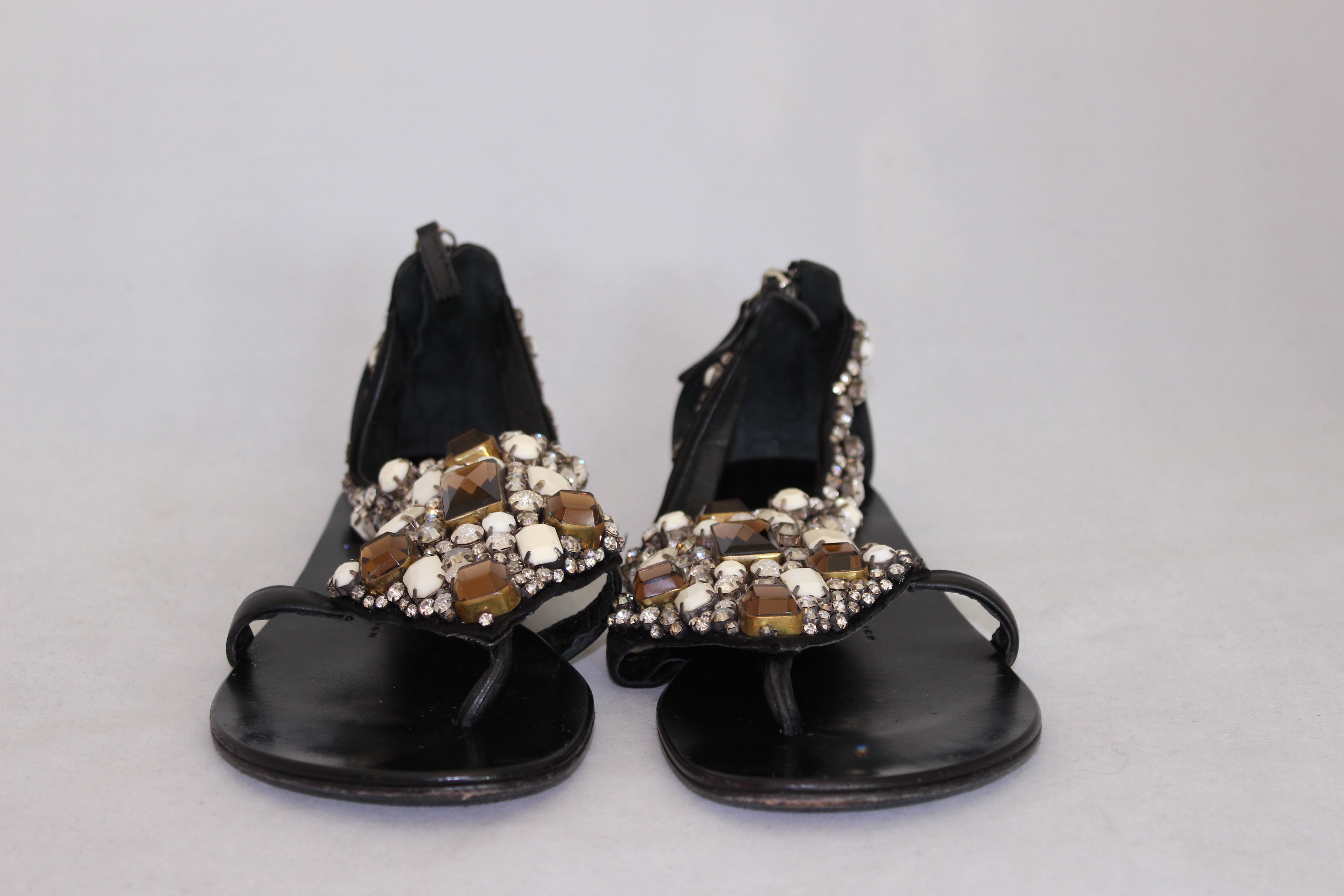 Zanotti Black Flat Rhinestone Flip Flops Sandals - Size 37 | Comfortable Summer Beach Shoes for Women | Perfect for Pool, Vacation & Casual Wear