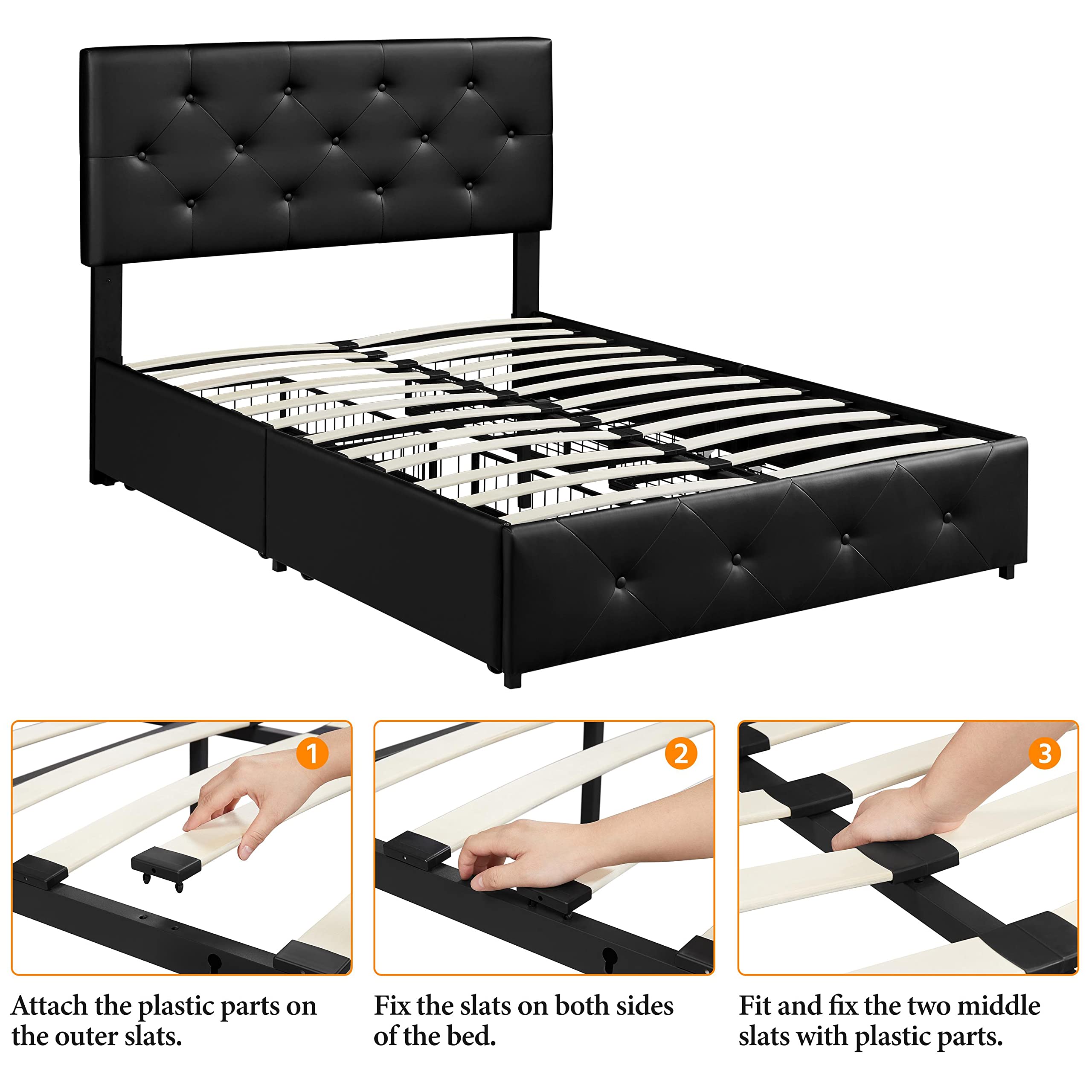 Yaheetech Full Size Upholstered Bed Frame with 4 Storage Drawers - Adjustable Headboard, Faux Leather Platform Bed with Wooden Slats Support - No Box Spring Needed - Black (Perfect for Small Bedrooms & Guest Rooms with Storage Needs)