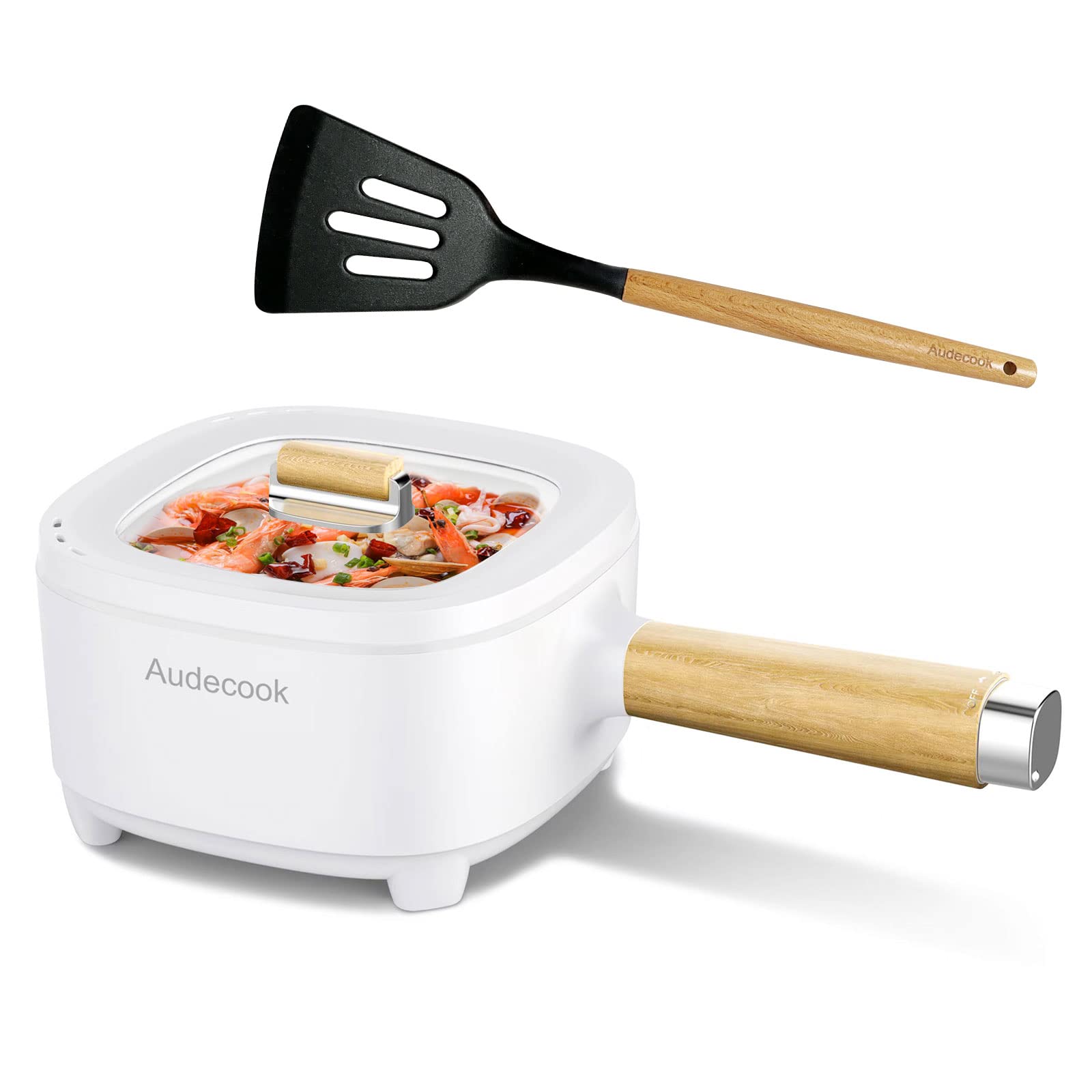 Audecook 2L Electric Hot Pot with Ceramic Non-Stick Coating | 8-Inch Portable Travel Cooker for Ramen, Steak, Fried Rice & Soup | Dual Power Control | Includes Silicone Spatula | Perfect for Dorm, Office, Camping & Small Kitchen Cooking
