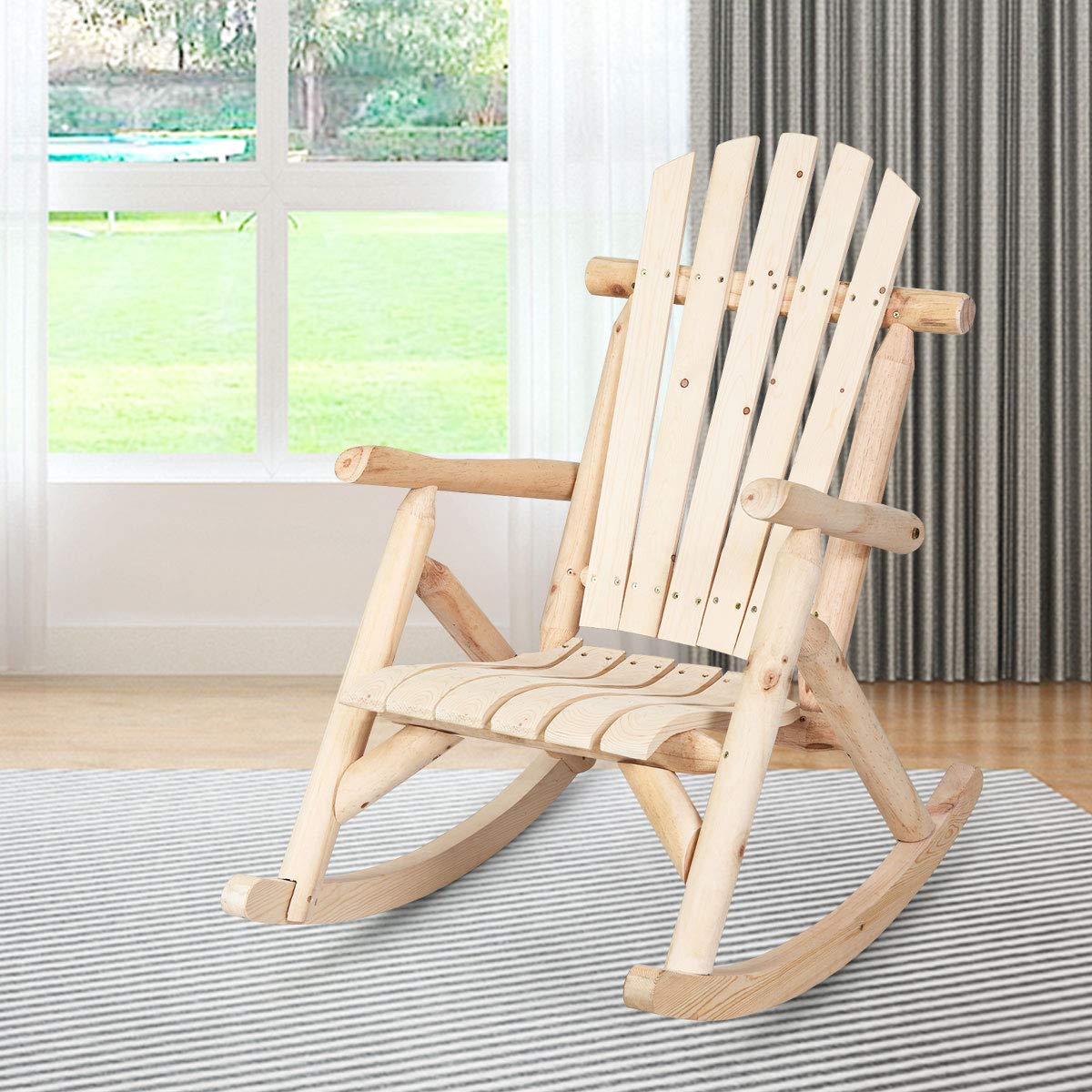 Giantex Solid Wood Adirondack Rocking Chair - Outdoor Patio Rocker with Slatted Seat & Backrest - Natural Wood Porch Swing for Garden, Balcony, Poolside & Backyard - Perfect for Relaxing, Reading & Enjoying Nature