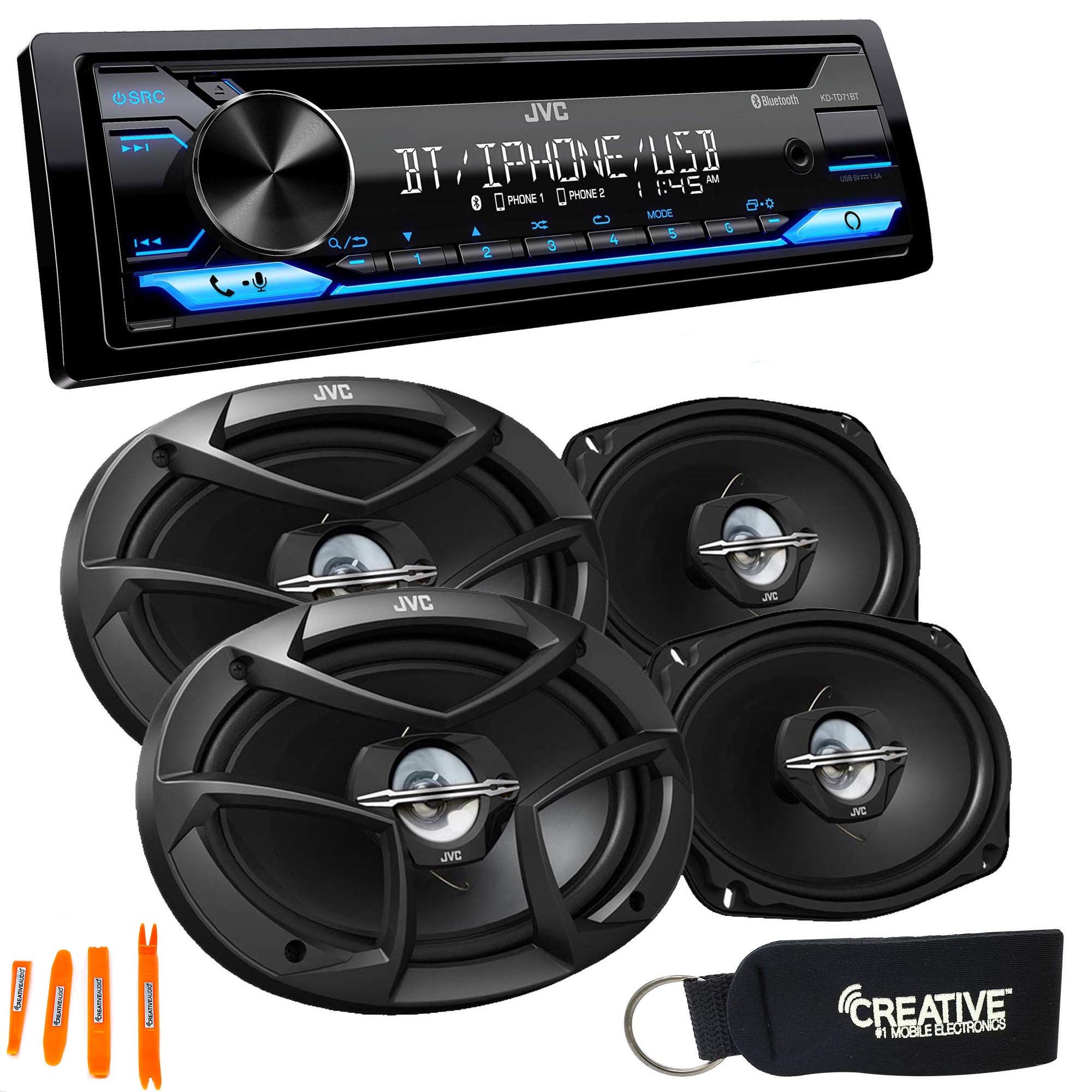 JVC KD-TD71BT Bluetooth Car Stereo with CD Player, USB Port, AUX Input & Alexa Compatibility - Includes 2 Pairs of JVC 6x9 Speakers for Premium Car Audio - Perfect for Road Trips, Commuting & Hands-Free Calling