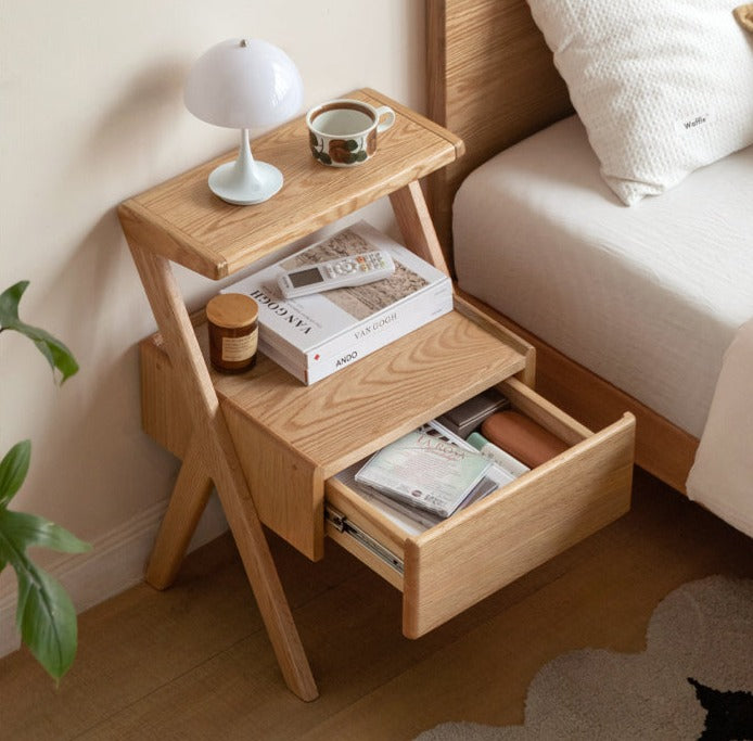 Solid Oak Wood Nightstand with Built-in LED Light - Modern Bedside Table for Bedroom, Living Room & Office