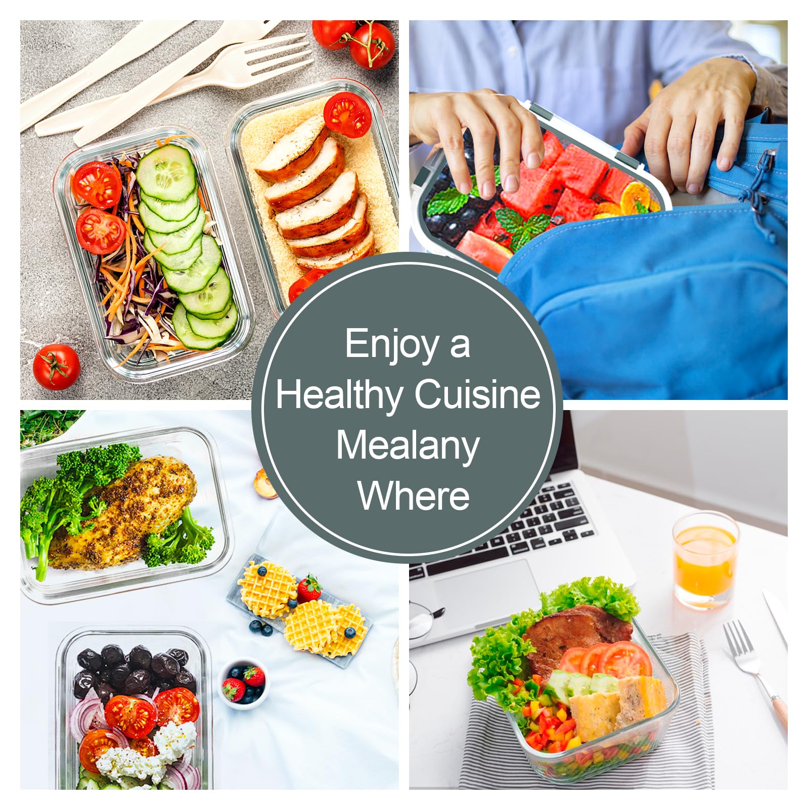 VERONES 10-Pack Airtight Glass Meal Prep Containers Set - BPA-Free Stackable Food Storage Containers with Lids for Microwave, Oven, Freezer & Dishwasher (Grey) - Perfect for Meal Prepping, Leftovers & Office Lunches