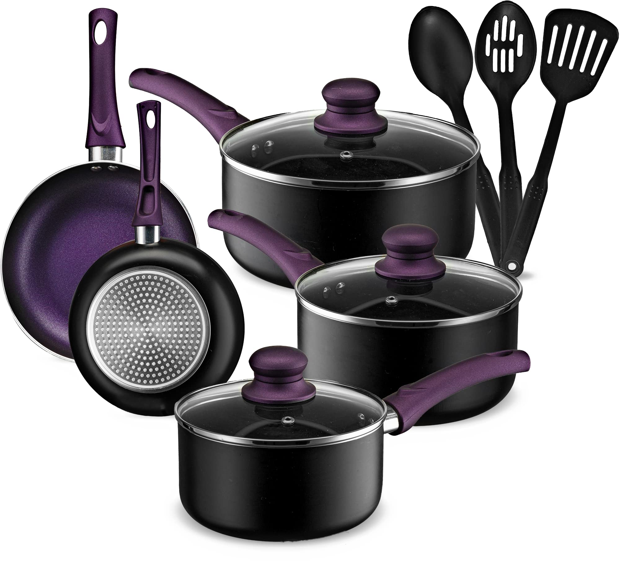 11-Piece Nonstick Cookware Set - Aluminum Pots and Pans with Lids, Frying Pans, Saucepan & Kitchen Utensils (Purple) | Perfect for Home Cooking, Meal Prep & Family Dinners