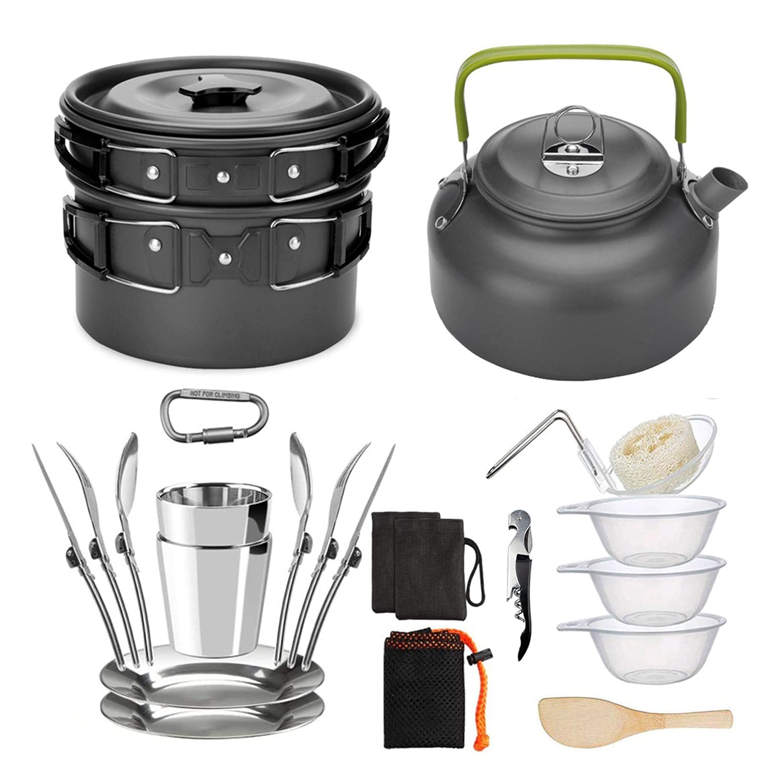 SHANG-JUN Camping Cookware Set for 2-3 People - Portable Outdoor Teapot, Folding Pot & Cooker Combo - Lightweight Camping Cooking Gear for Backpacking, Hiking & Picnics