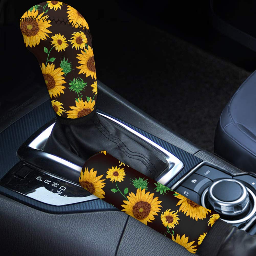 Elegant Sunflower Pattern Handbrake Cover & Gear Shift Knob Cover Set - Universal Fit for Car, Auto, SUV Interior Decoration Accessories - Perfect for Summer Road Trips & Boho Style Car Decor