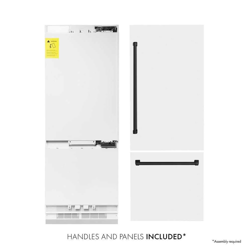 ZLINE Autograph Edition 30 Inch Built-In Bottom Freezer Refrigerator - 16.1 cu ft Capacity, Water Dispenser & Ice Maker - White Matte Finish with Matte Black Accents (RBIVZ WM 30 MB) - Perfect for Modern Kitchens & Open Concept Homes