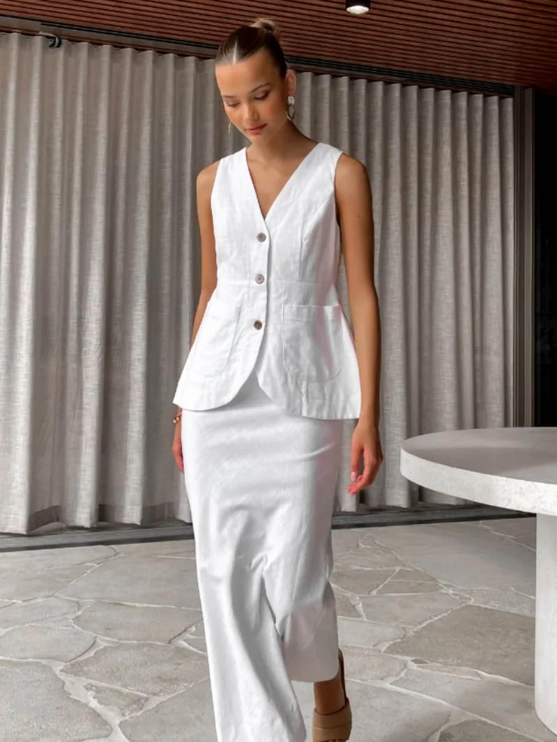 Elegant French Style Women's Long V-Neck Linen Vest with Pockets - Casual Summer Tops for Office Wear, Beach Outfits & Travel Essentials