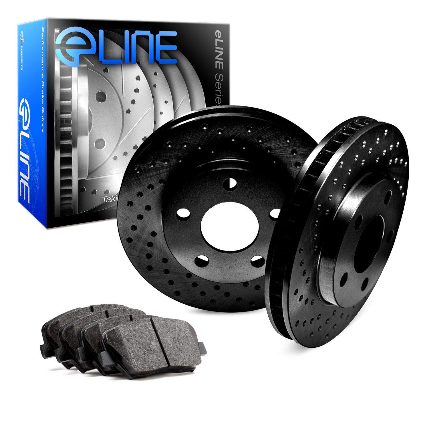 R1 Concepts Premium Front Brake Pads and Rotors Kit - Ceramic Brake Pads & Drilled Rotors - Compatible with 1985-1987 Mitsubishi Galant - Perfect for Daily Driving & Performance Upgrades