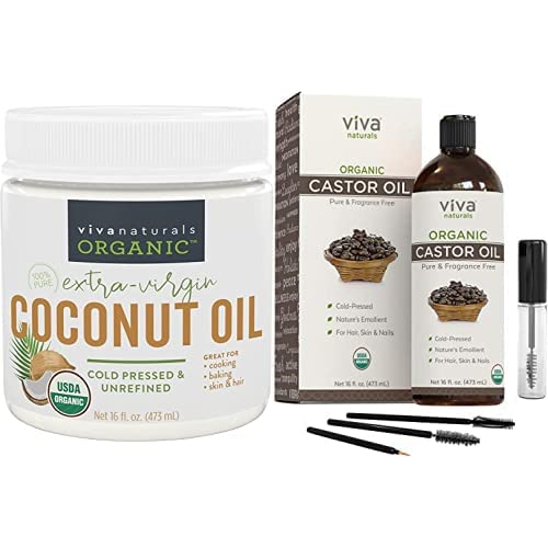 Organic Coconut Oil 16 oz & Organic Castor Oil Bundle for Hair Growth, Skin Care & Cooking - Natural Moisturizer & Carrier Oil for DIY Beauty Recipes