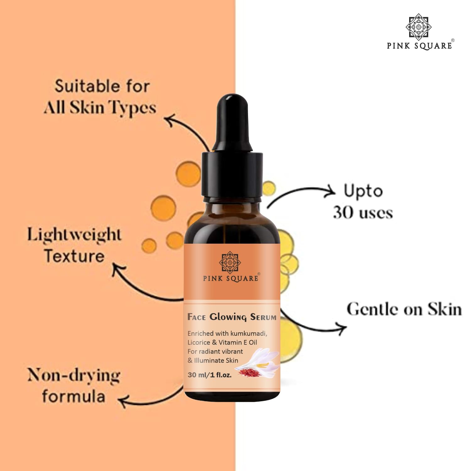 Pink Square Face Glowing Serum with Kumkumadi & Vitamin E Oil - 2 Pack (30ML Each) for Radiant & Illuminated Skin | Perfect for Nighttime Skincare & Anti-Aging Routine